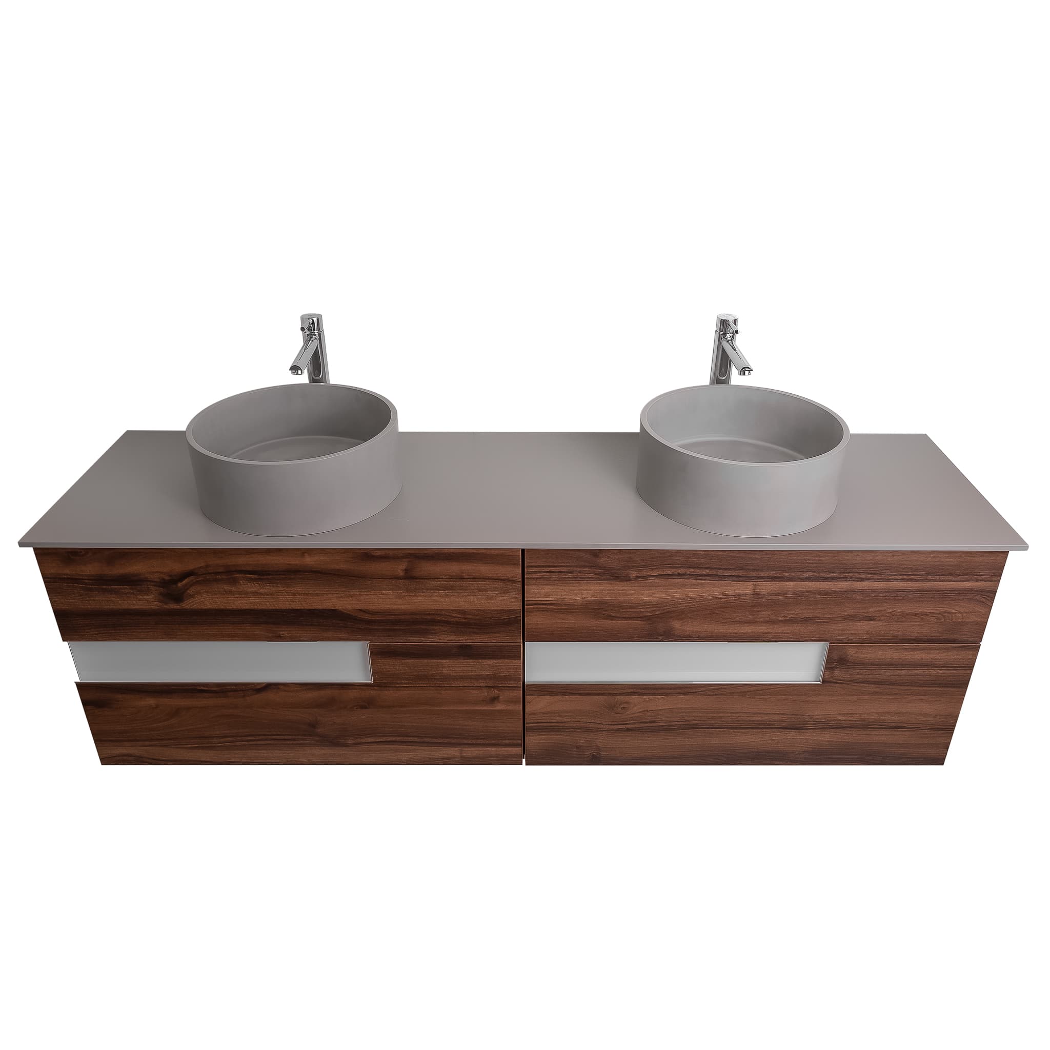 Vision 72 Valenti Medium Brown Wood, Solid Surface Flat Grey Counter And Two Round Solid Surface Grey Basin 1386, Wall Mounted Modern Vanity Set