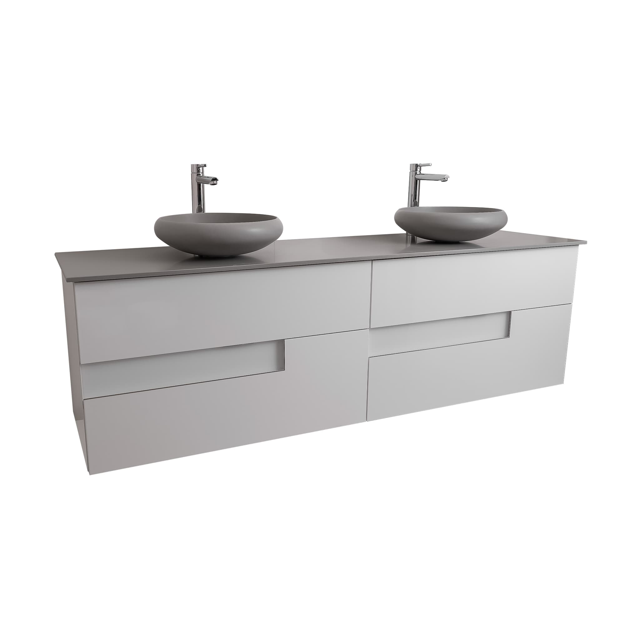Vision 72 White High Gloss Cabinet, Solid Surface Flat Grey Counter And Two Round Solid Surface Grey Basin 1153, Wall Mounted Modern Vanity Set