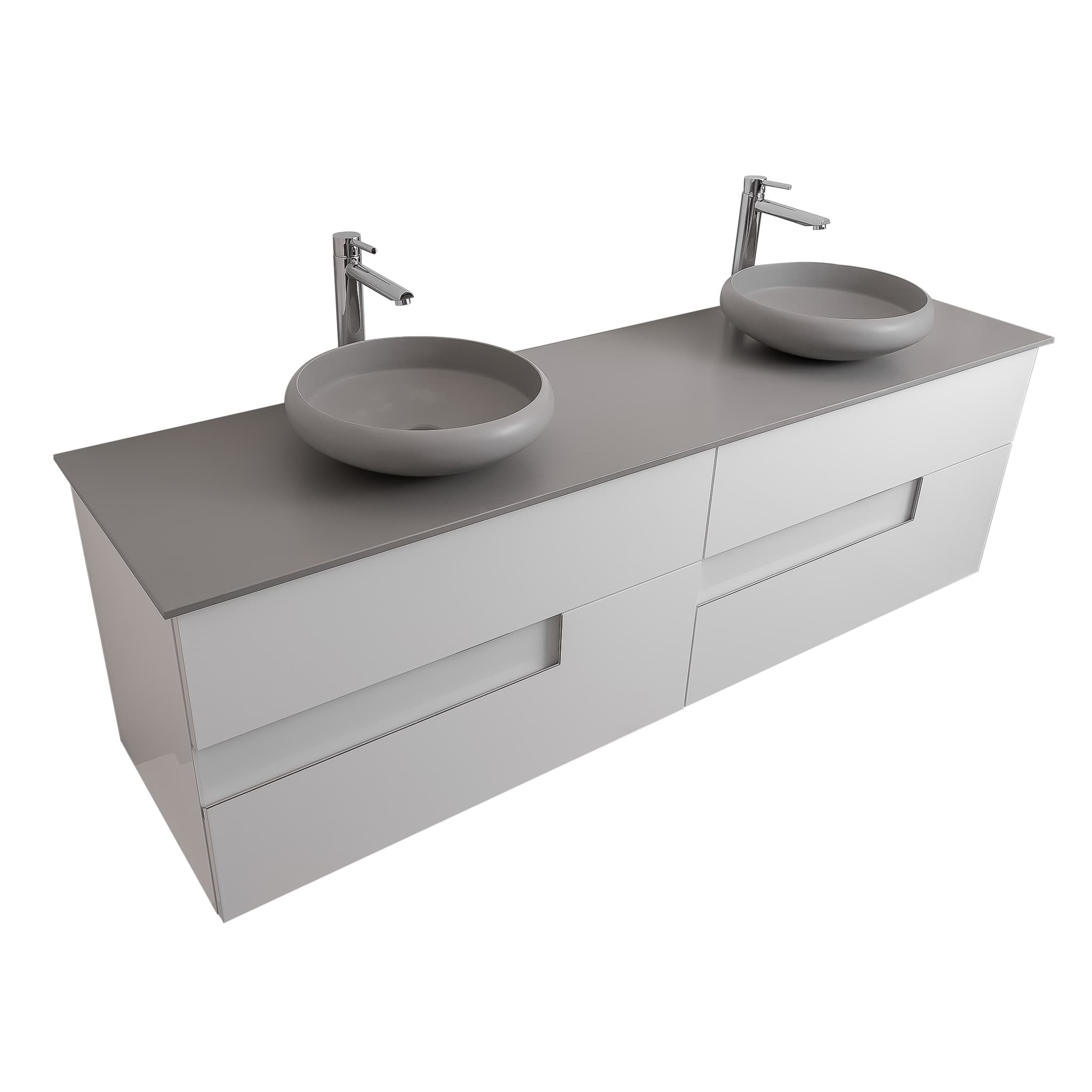 Vision 72 White High Gloss Cabinet, Solid Surface Flat Grey Counter And Two Round Solid Surface Grey Basin 1153, Wall Mounted Modern Vanity Set