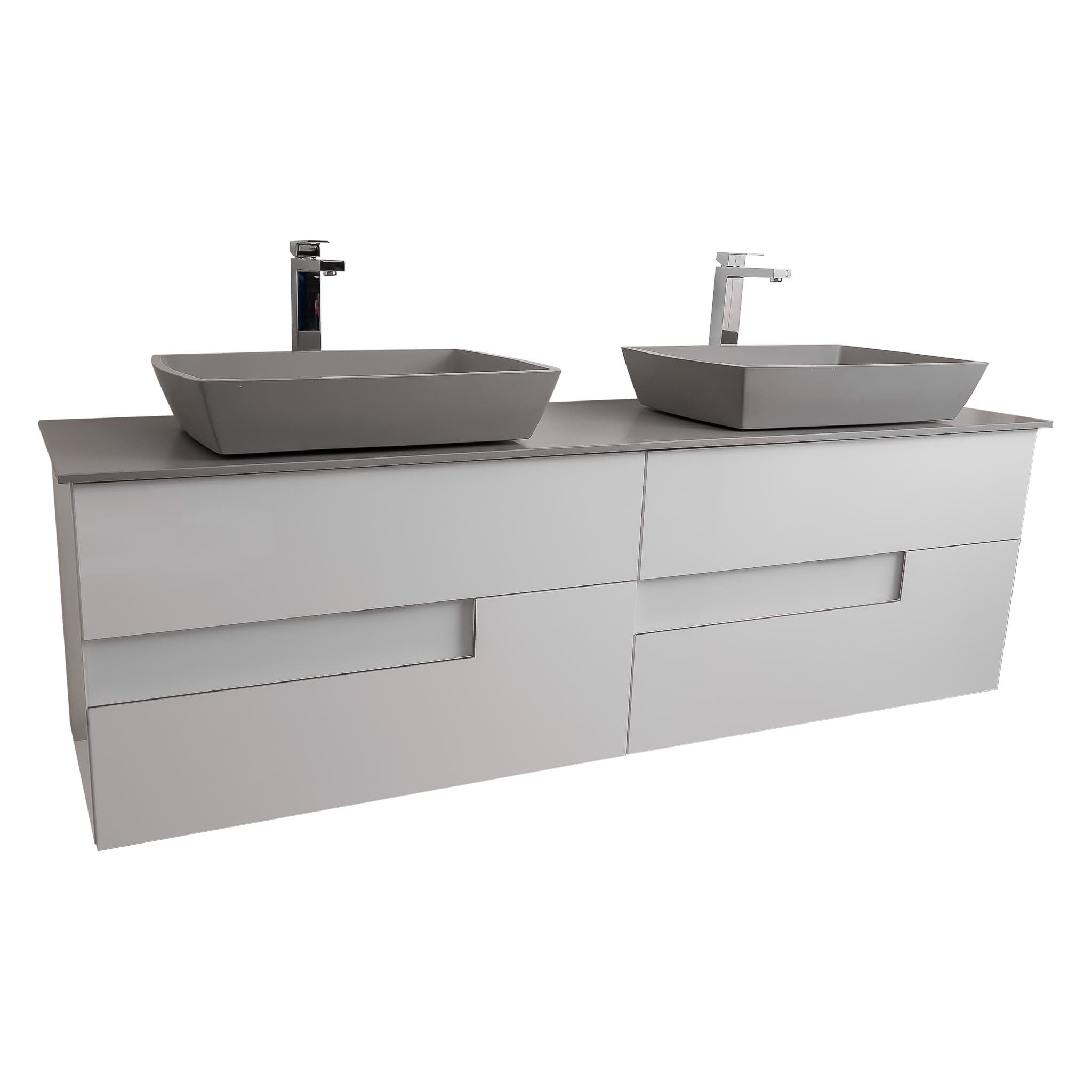 Vision 72 White High Gloss Cabinet, Solid Surface Flat Grey Counter And Two Square Solid Surface Grey Basin 1316, Wall Mounted Modern Vanity Set