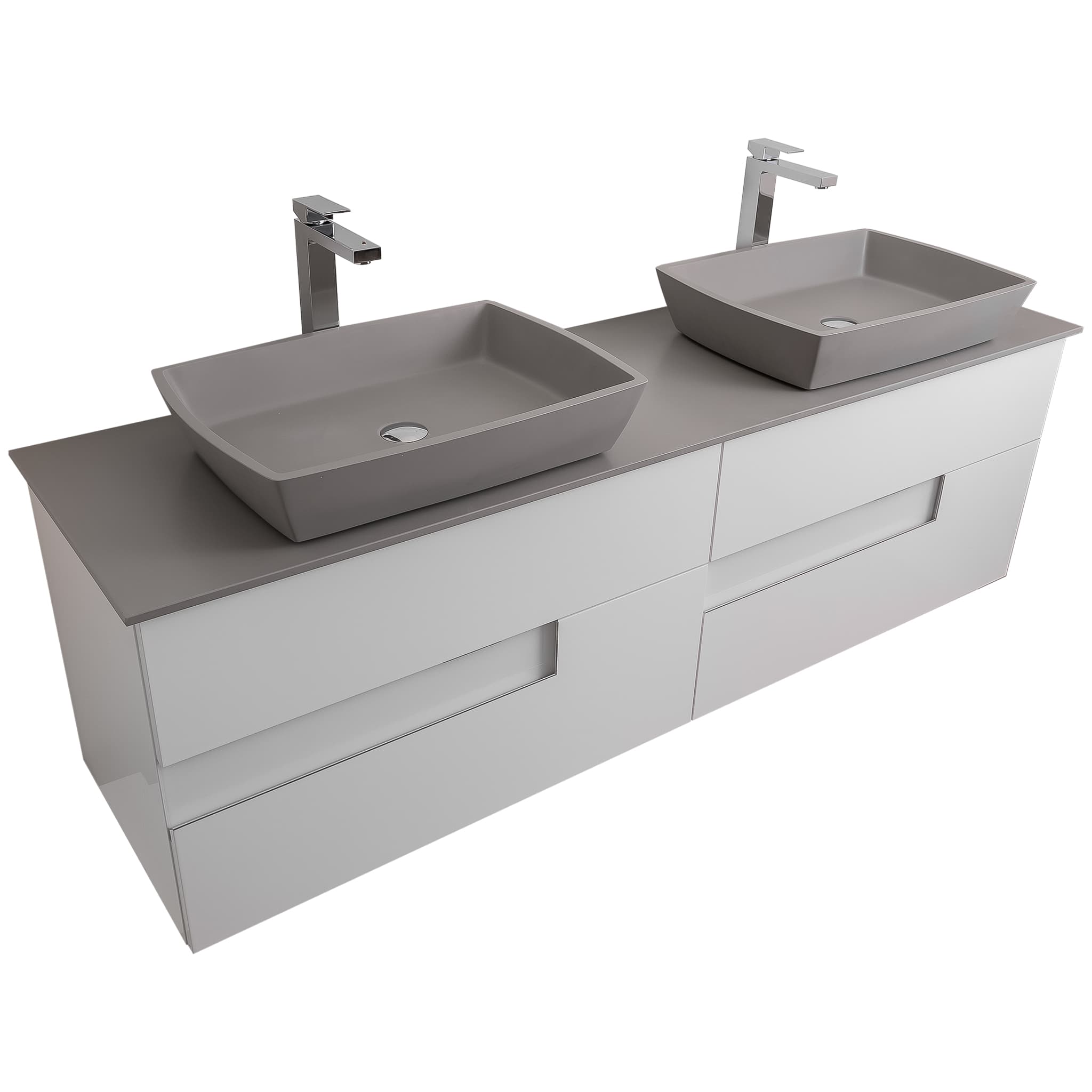 Vision 72 White High Gloss Cabinet, Solid Surface Flat Grey Counter And Two Square Solid Surface Grey Basin 1316, Wall Mounted Modern Vanity Set