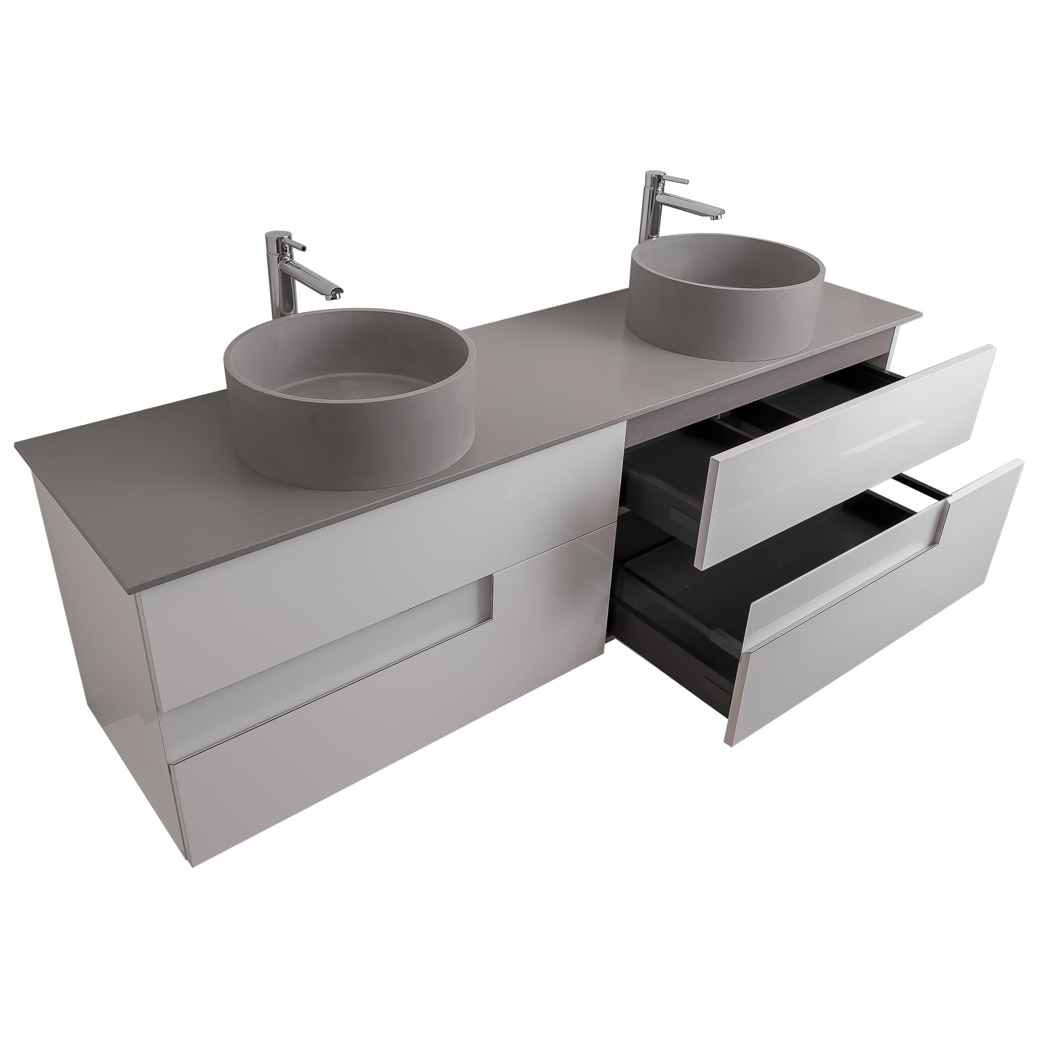 Vision 72 White High Gloss Cabinet, Solid Surface Flat Grey Counter And Two Round Solid Surface Grey Basin 1386, Wall Mounted Modern Vanity Set