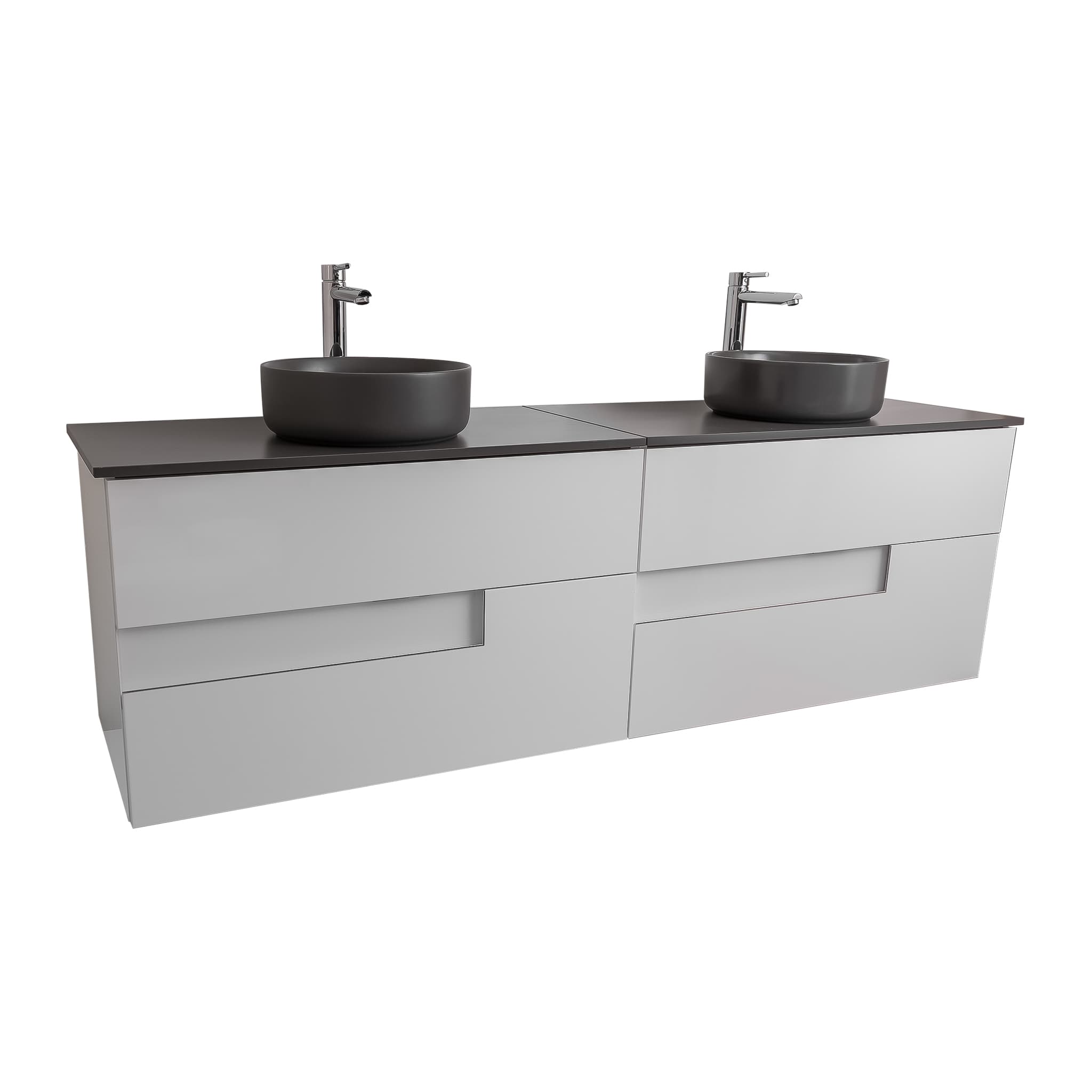 Vision 72 White High Gloss Cabinet, Ares Grey Ceniza Top And Two Ares Grey Ceniza Ceramic Basin, Wall Mounted Modern Vanity Set