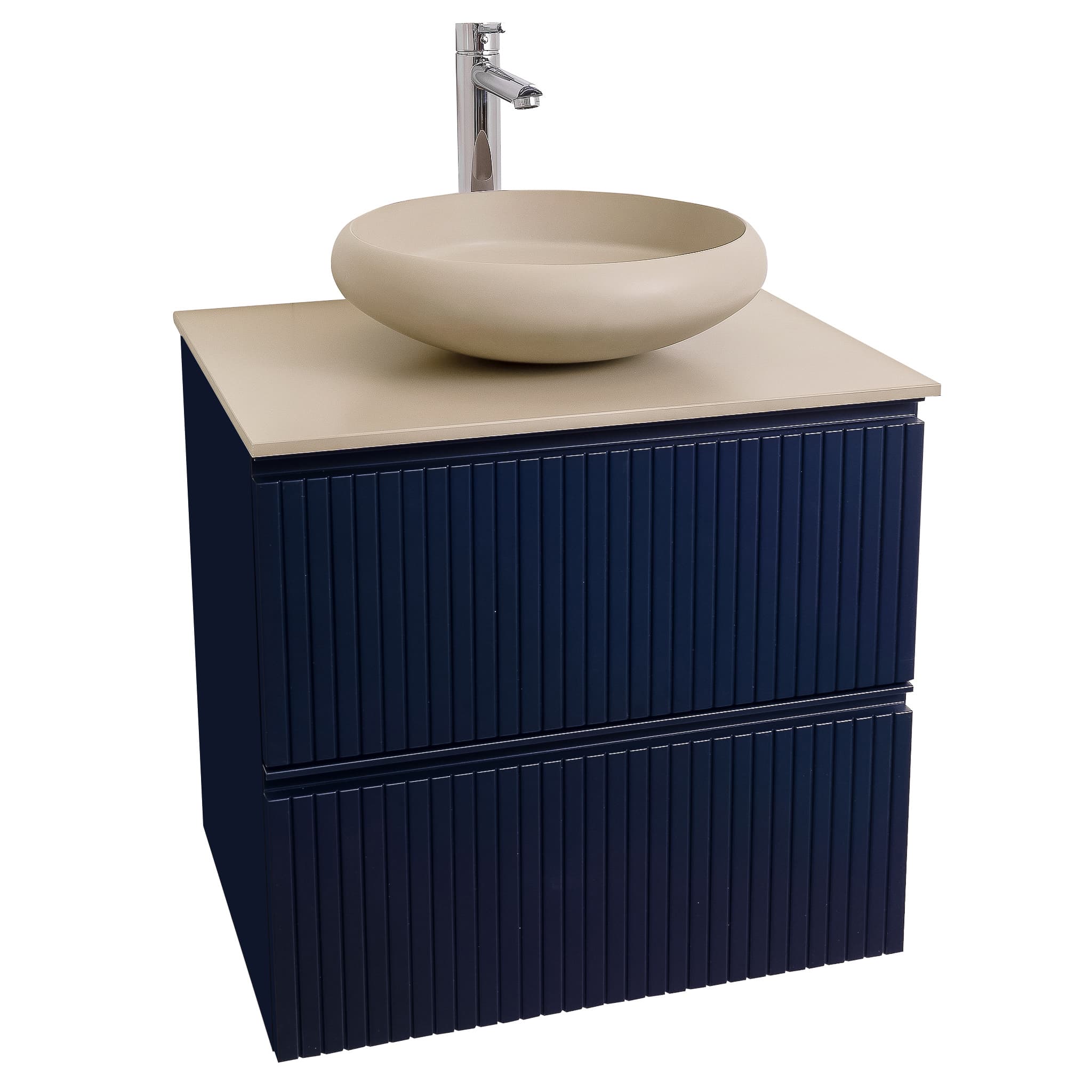Ares 23.5 Matte Navy Blue Cabinet, Solid Surface Flat Taupe Counter And Round Solid Surface Taupe Basin 1153, Wall Mounted Modern Vanity Set