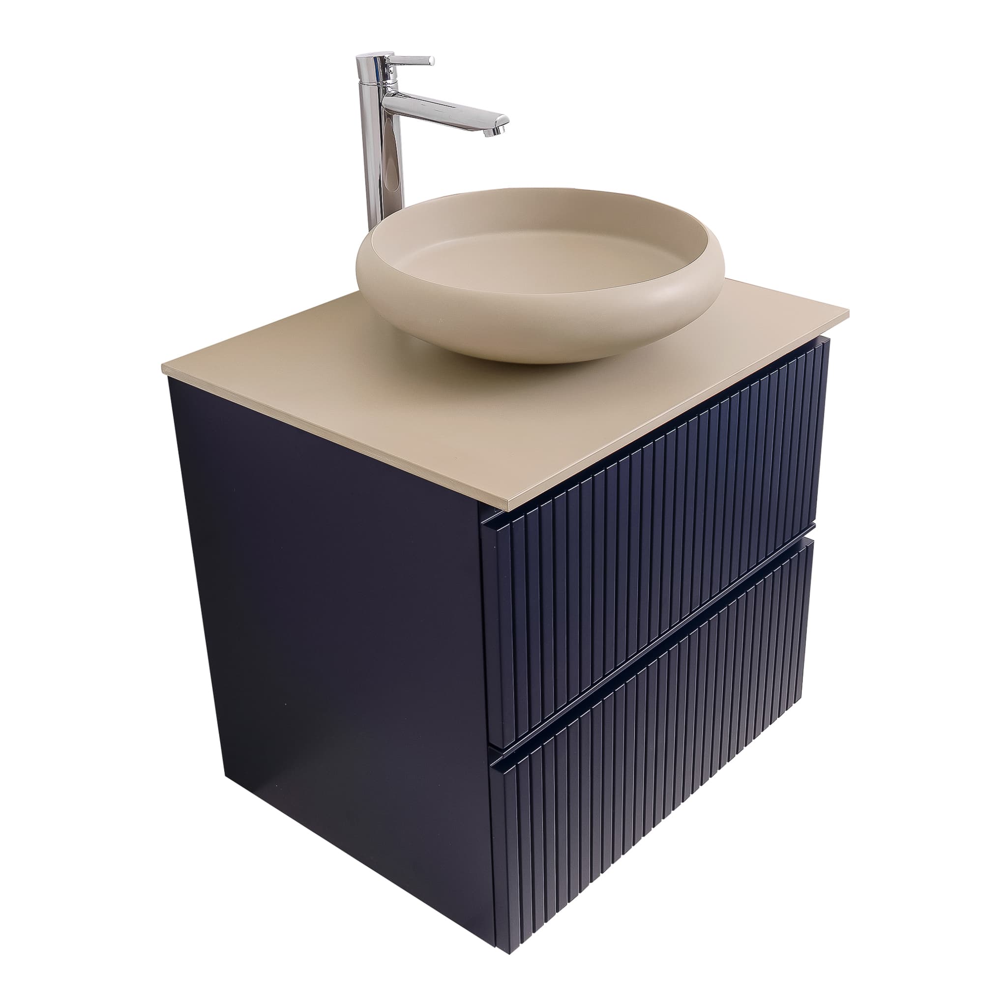Ares 23.5 Matte Navy Blue Cabinet, Solid Surface Flat Taupe Counter And Round Solid Surface Taupe Basin 1153, Wall Mounted Modern Vanity Set