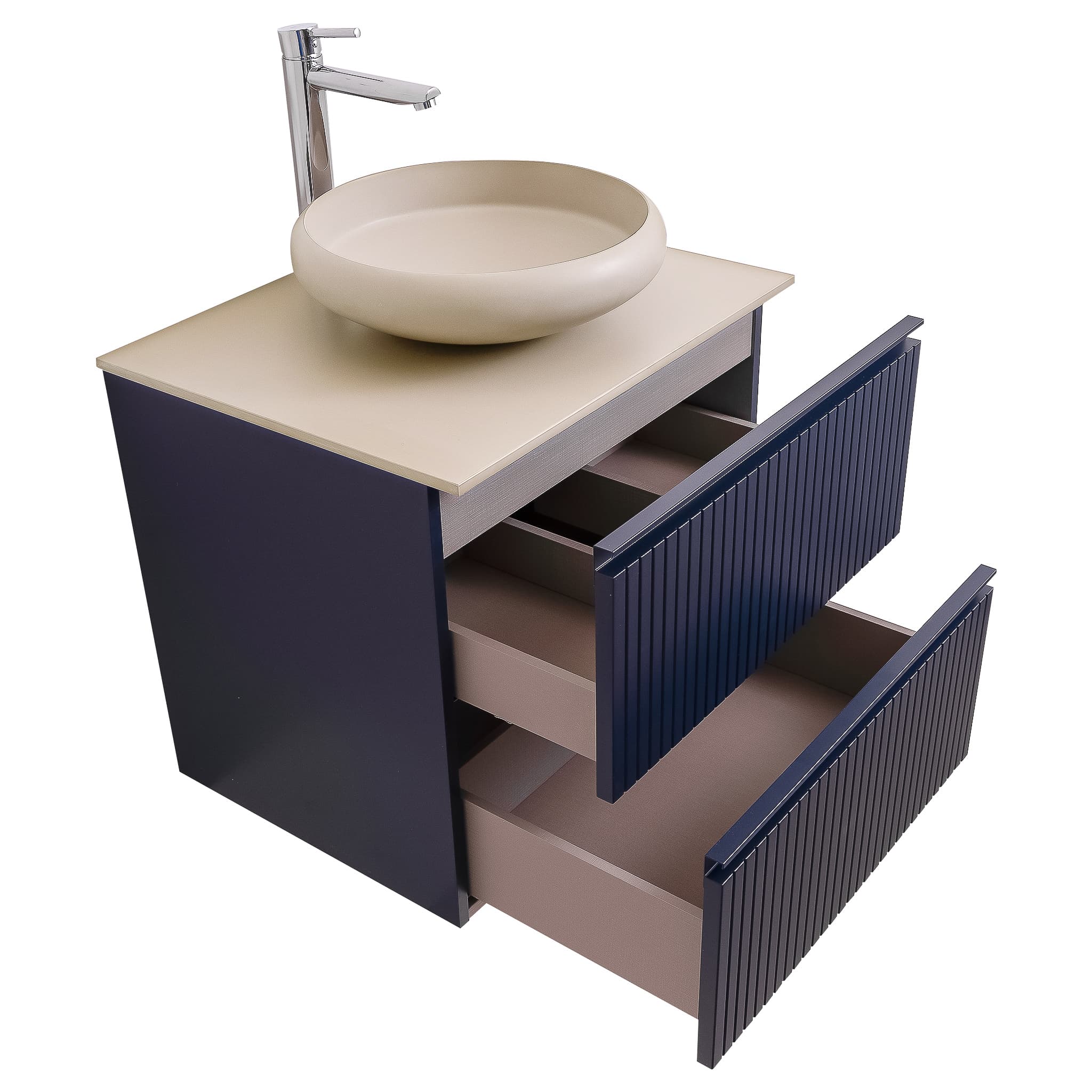 Ares 23.5 Matte Navy Blue Cabinet, Solid Surface Flat Taupe Counter And Round Solid Surface Taupe Basin 1153, Wall Mounted Modern Vanity Set