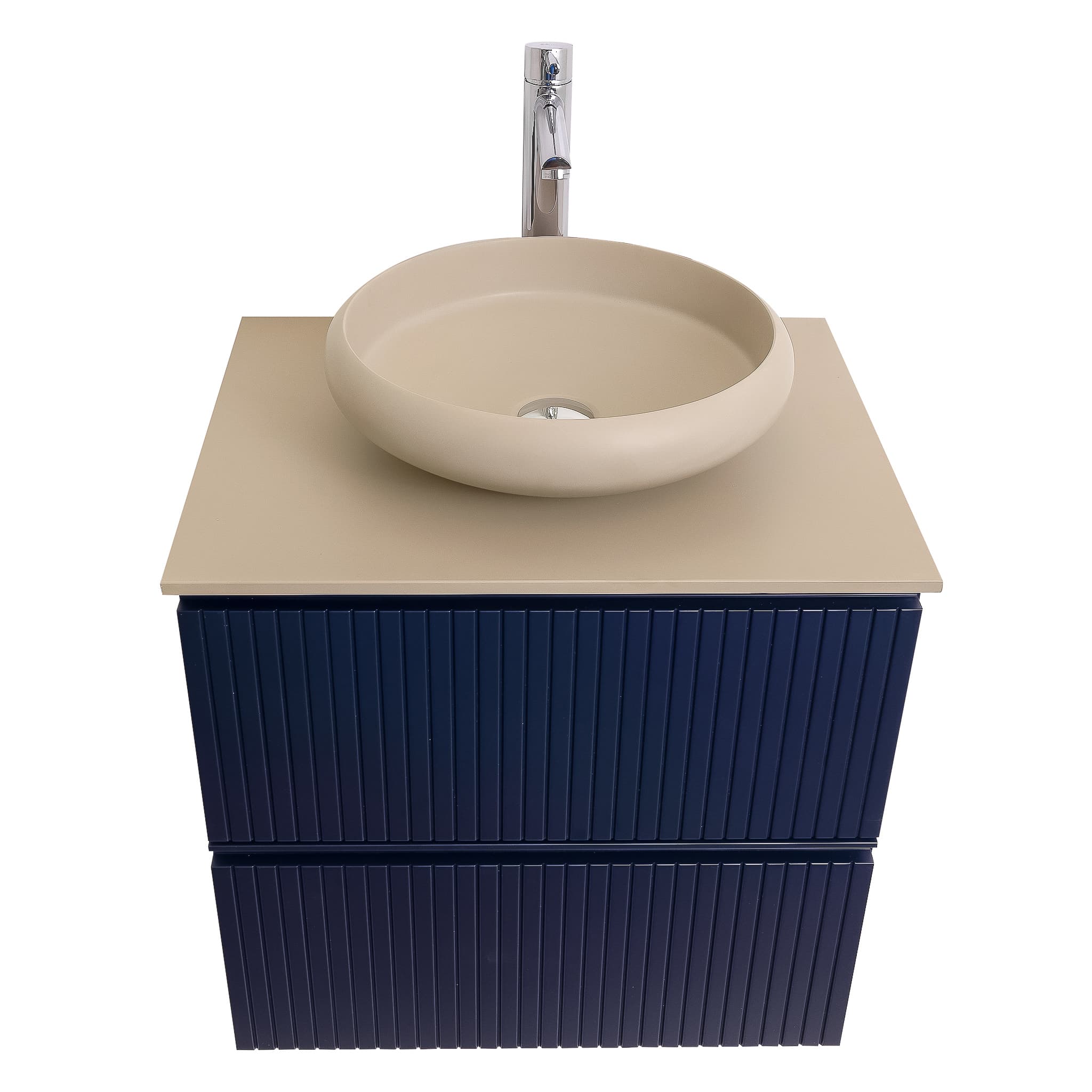 Ares 23.5 Matte Navy Blue Cabinet, Solid Surface Flat Taupe Counter And Round Solid Surface Taupe Basin 1153, Wall Mounted Modern Vanity Set