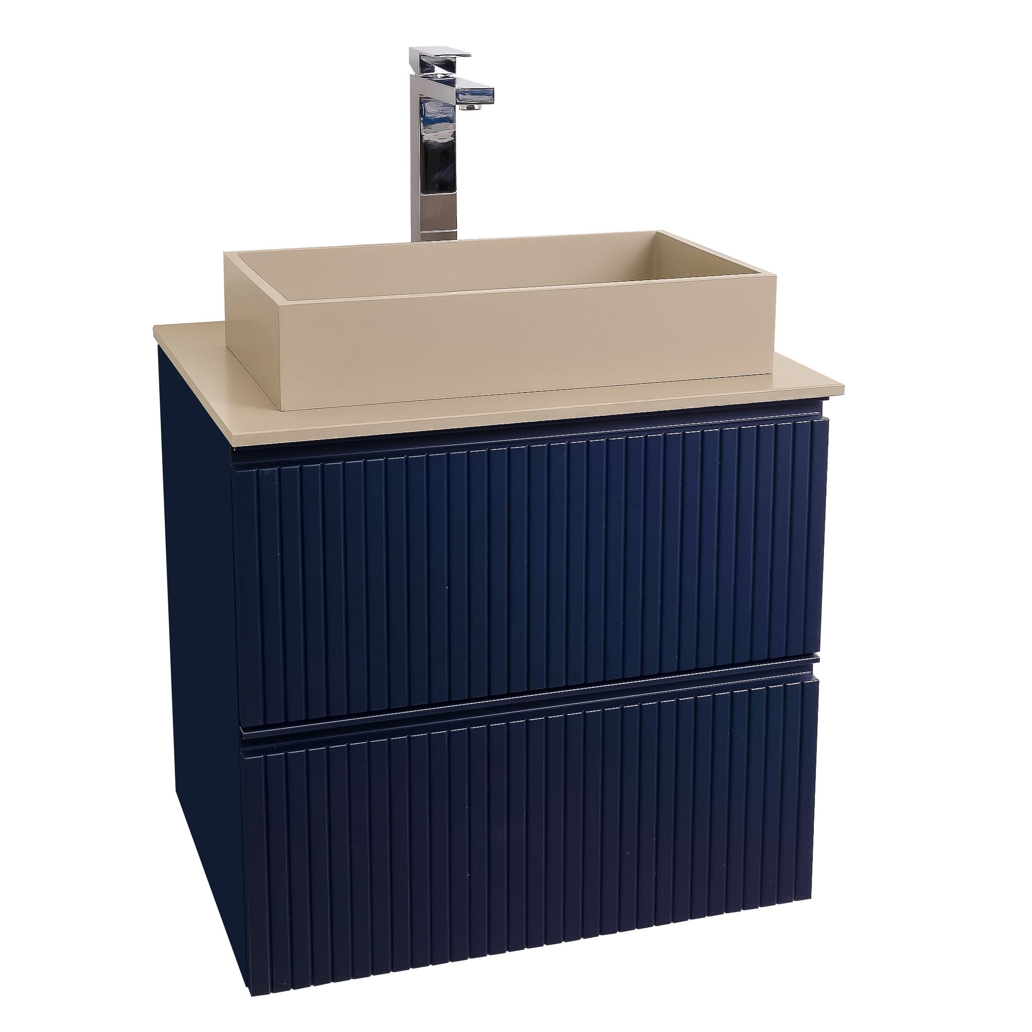 Ares 23.5 Matte Navy Blue Cabinet, Solid Surface Flat Taupe Counter And Infinity Square Solid Surface Taupe Basin 1329, Wall Mounted Modern Vanity Set