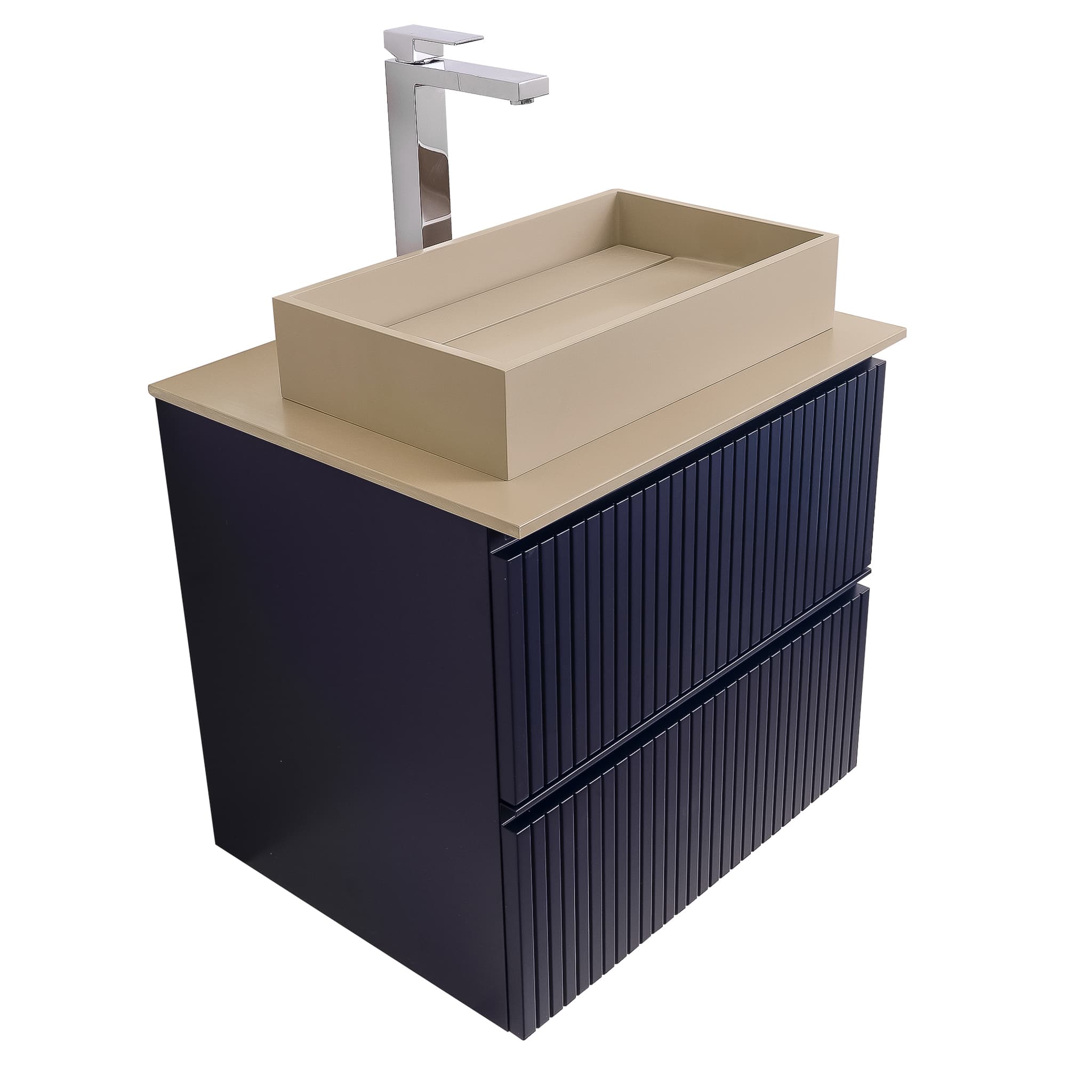 Ares 23.5 Matte Navy Blue Cabinet, Solid Surface Flat Taupe Counter And Infinity Square Solid Surface Taupe Basin 1329, Wall Mounted Modern Vanity Set