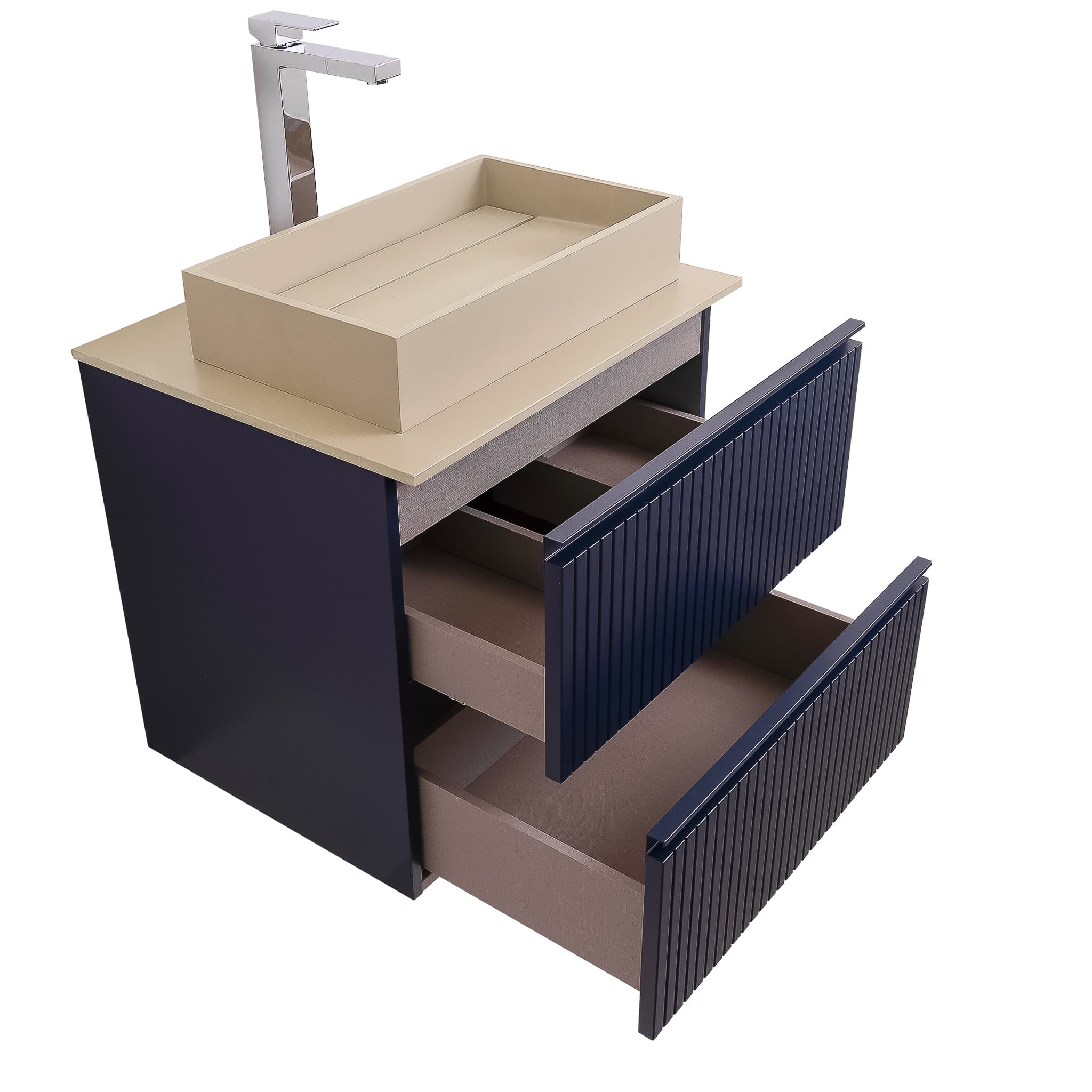 Ares 23.5 Matte Navy Blue Cabinet, Solid Surface Flat Taupe Counter And Infinity Square Solid Surface Taupe Basin 1329, Wall Mounted Modern Vanity Set