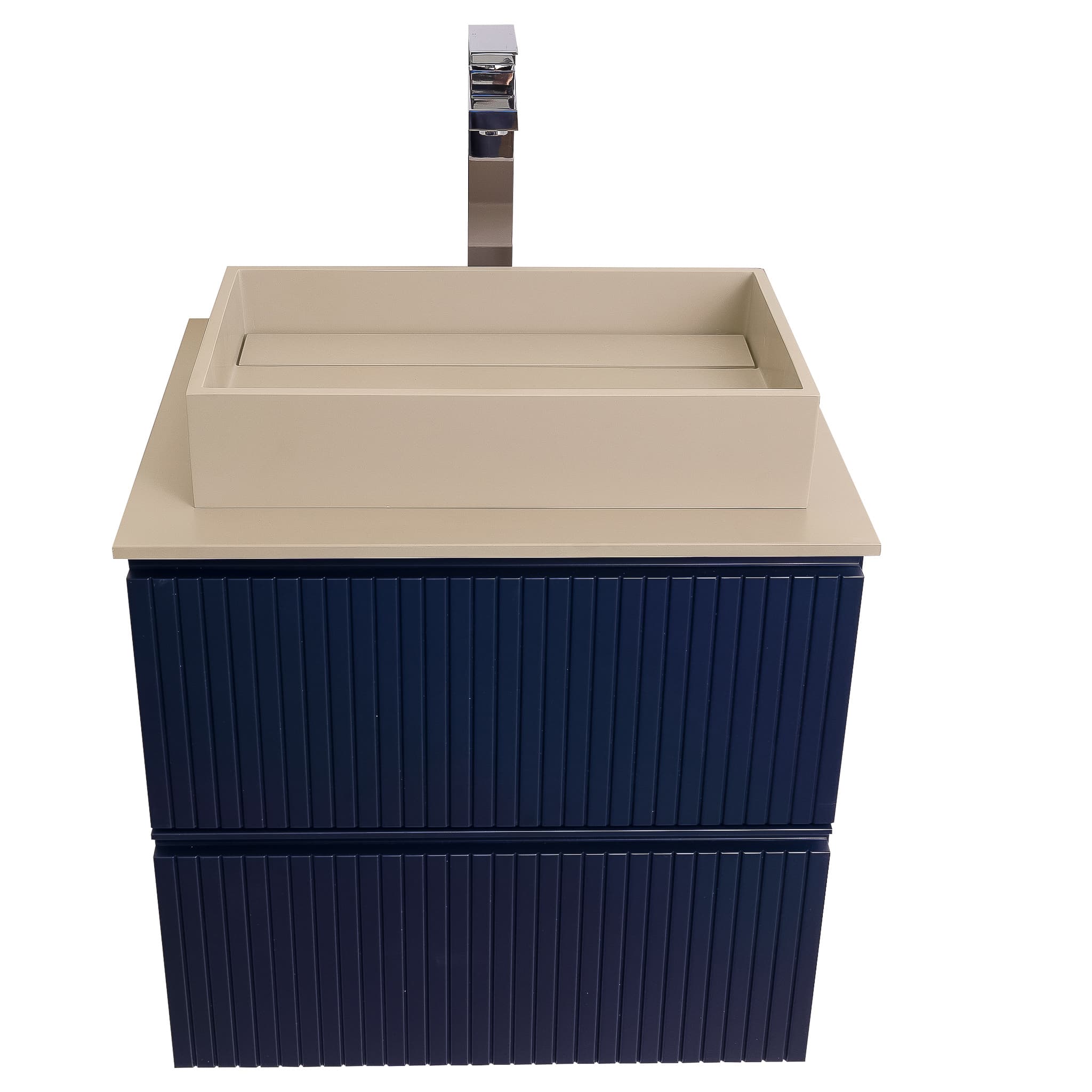 Ares 23.5 Matte Navy Blue Cabinet, Solid Surface Flat Taupe Counter And Infinity Square Solid Surface Taupe Basin 1329, Wall Mounted Modern Vanity Set