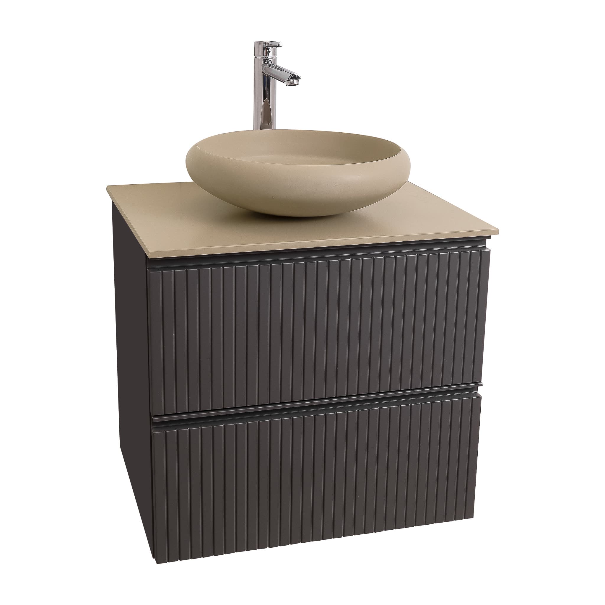 Ares 23.5 Matte Grey Cabinet, Solid Surface Flat Taupe Counter And Round Solid Surface Taupe Basin 1153, Wall Mounted Modern Vanity Set