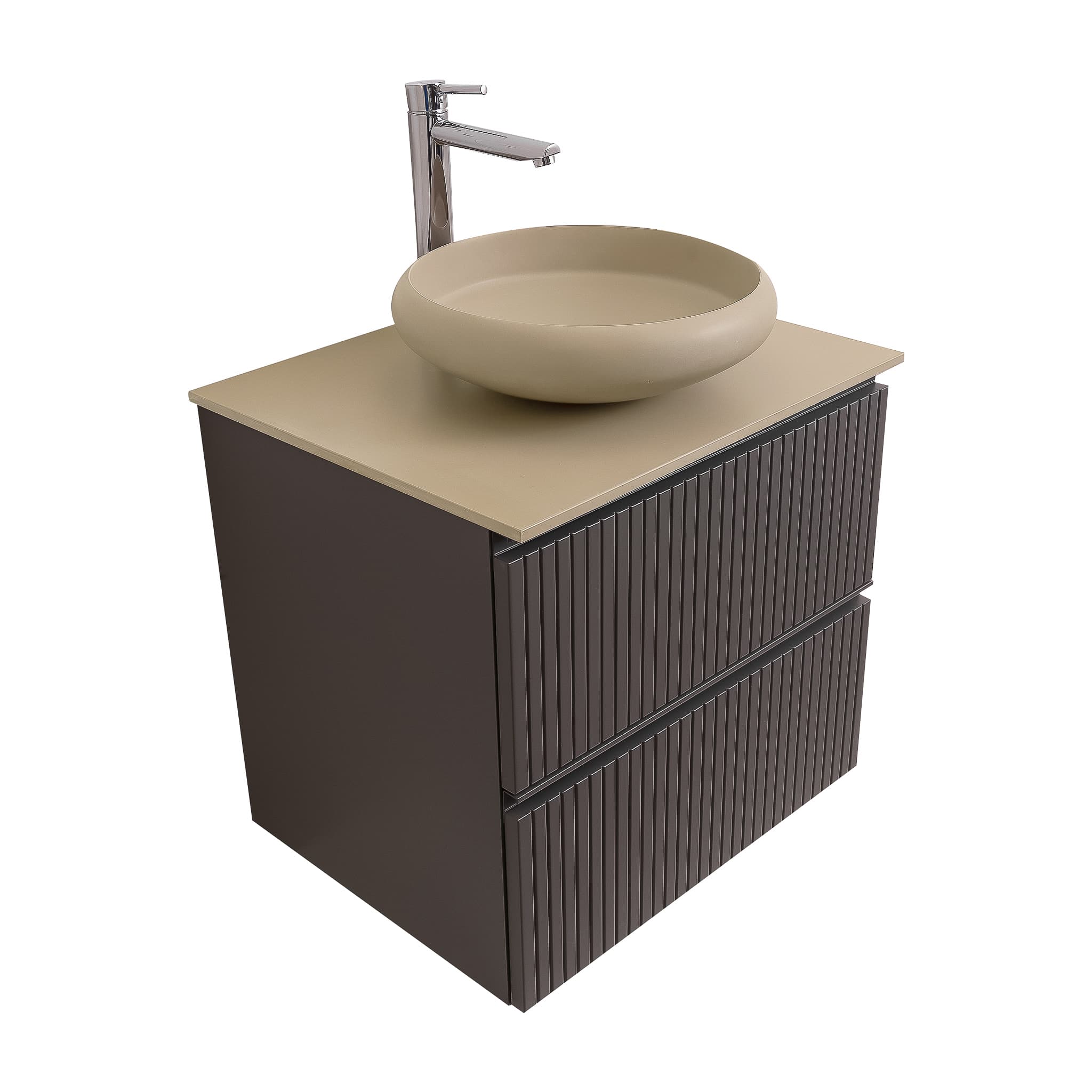 Ares 23.5 Matte Grey Cabinet, Solid Surface Flat Taupe Counter And Round Solid Surface Taupe Basin 1153, Wall Mounted Modern Vanity Set