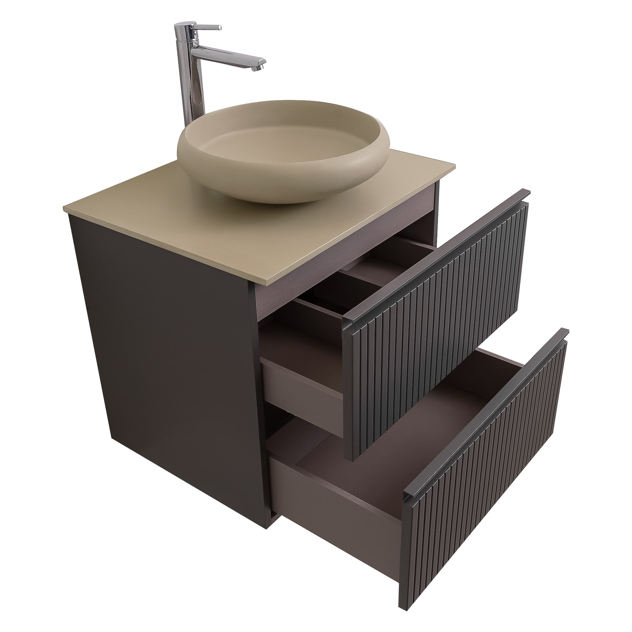 Ares 23.5 Matte Grey Cabinet, Solid Surface Flat Taupe Counter And Round Solid Surface Taupe Basin 1153, Wall Mounted Modern Vanity Set
