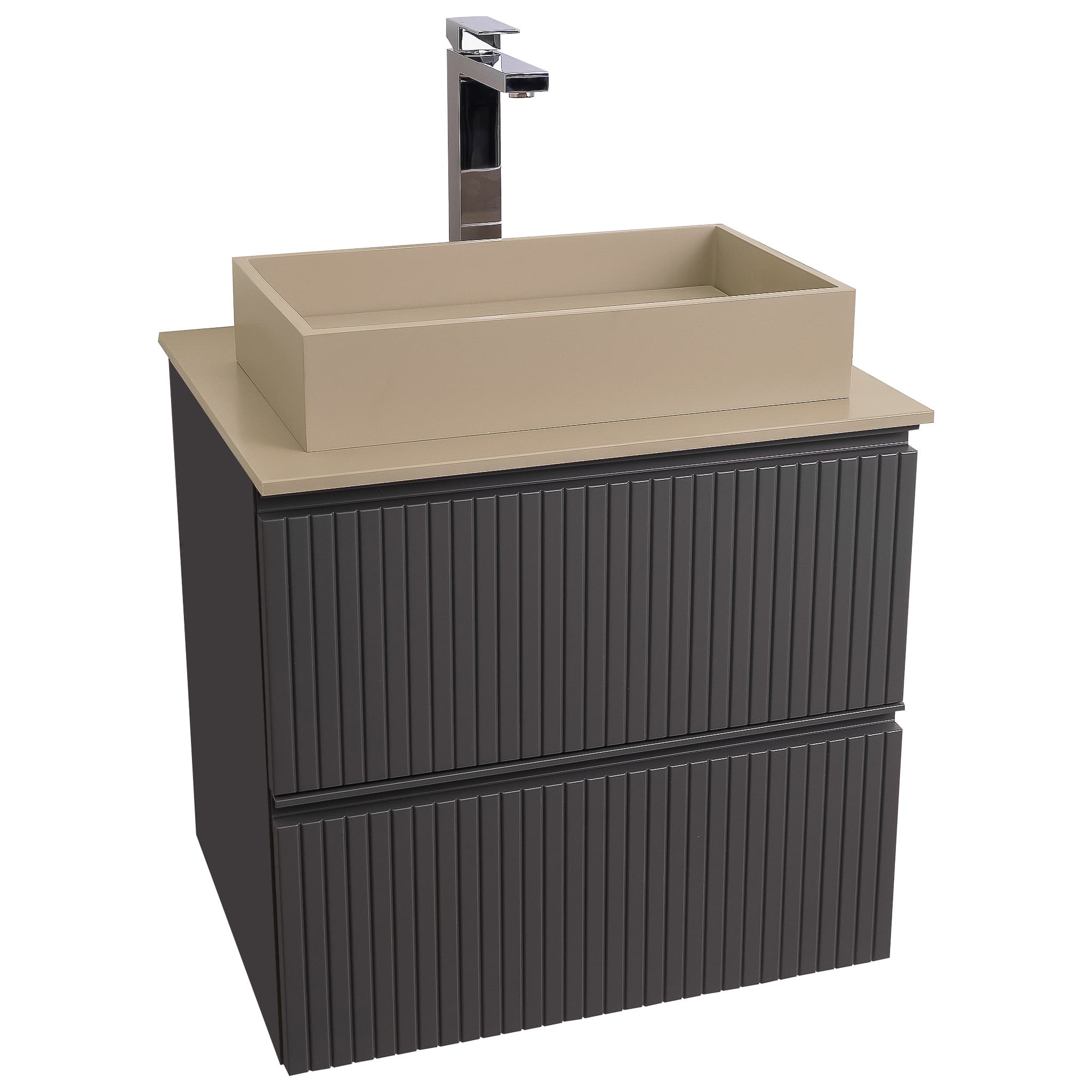 Ares 23.5 Matte Grey Cabinet, Solid Surface Flat Taupe Counter And Infinity Square Solid Surface Taupe Basin 1329, Wall Mounted Modern Vanity Set