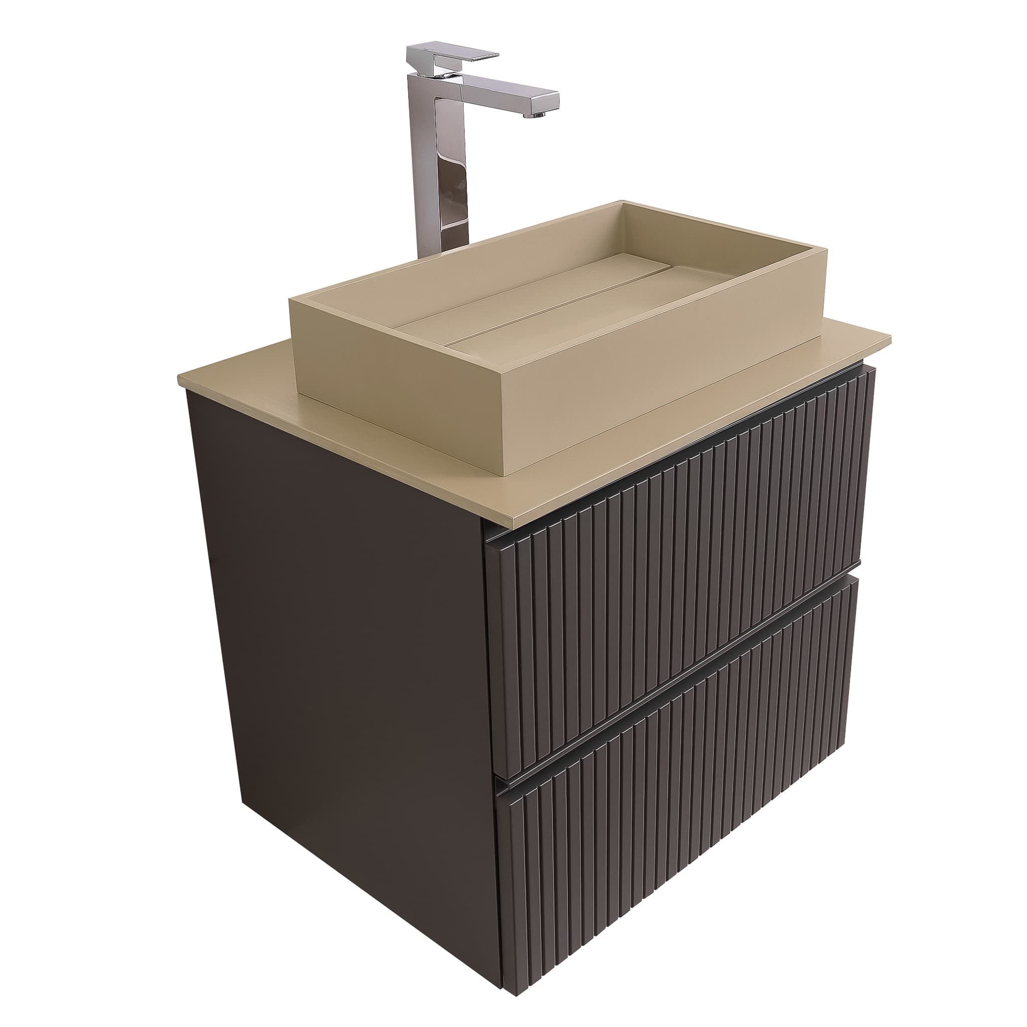 Ares 23.5 Matte Grey Cabinet, Solid Surface Flat Taupe Counter And Infinity Square Solid Surface Taupe Basin 1329, Wall Mounted Modern Vanity Set
