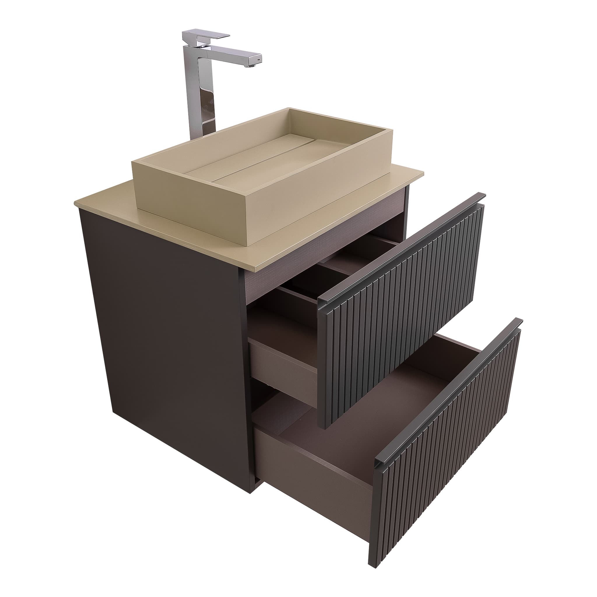 Ares 23.5 Matte Grey Cabinet, Solid Surface Flat Taupe Counter And Infinity Square Solid Surface Taupe Basin 1329, Wall Mounted Modern Vanity Set