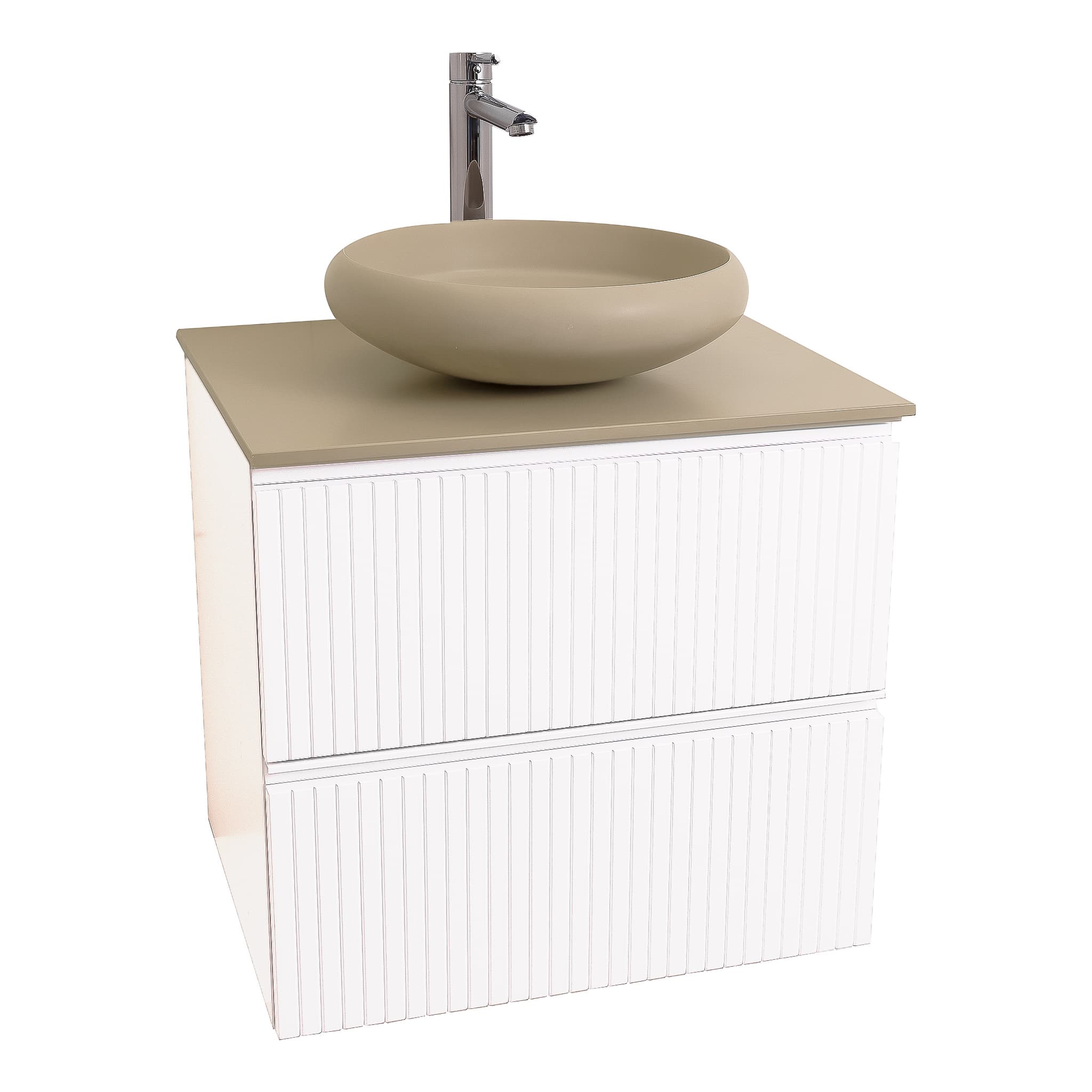 Ares 23.5 Matte White Cabinet, Solid Surface Flat Taupe Counter And Round Solid Surface Taupe Basin 1153, Wall Mounted Modern Vanity Set