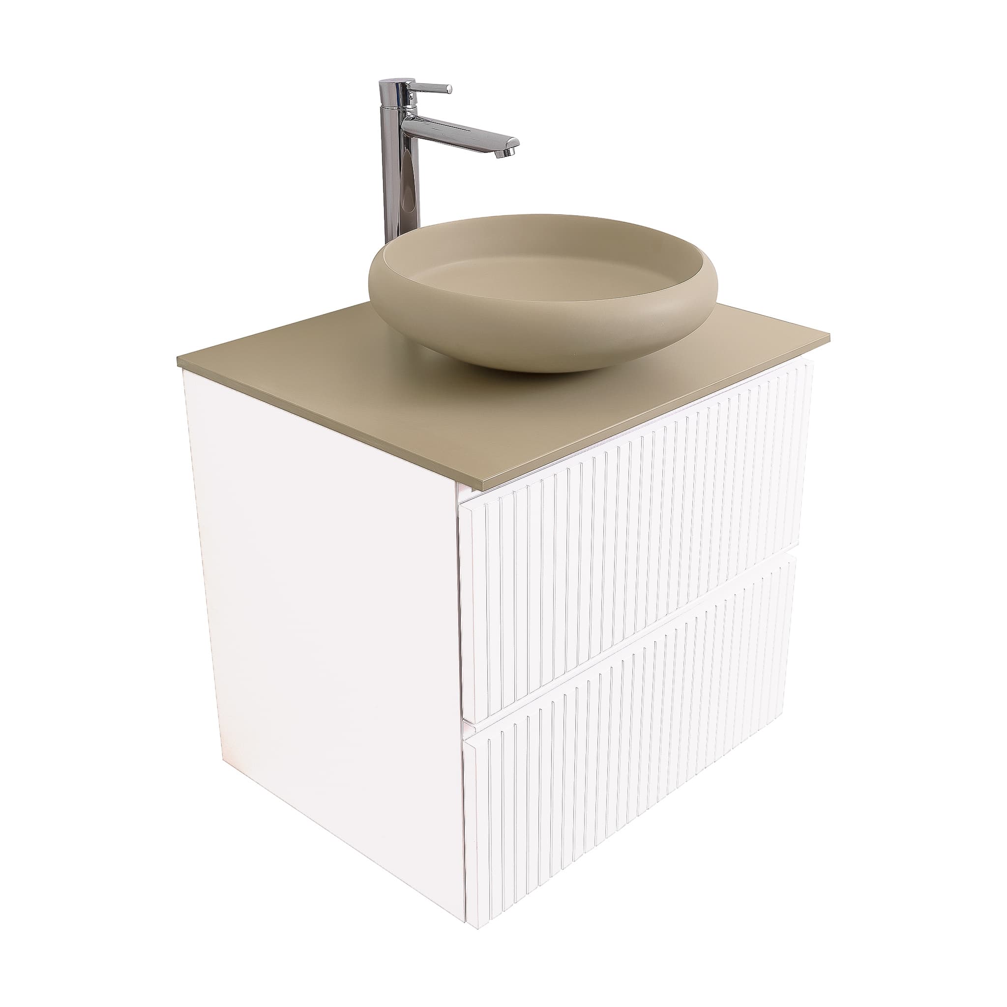 Ares 23.5 Matte White Cabinet, Solid Surface Flat Taupe Counter And Round Solid Surface Taupe Basin 1153, Wall Mounted Modern Vanity Set