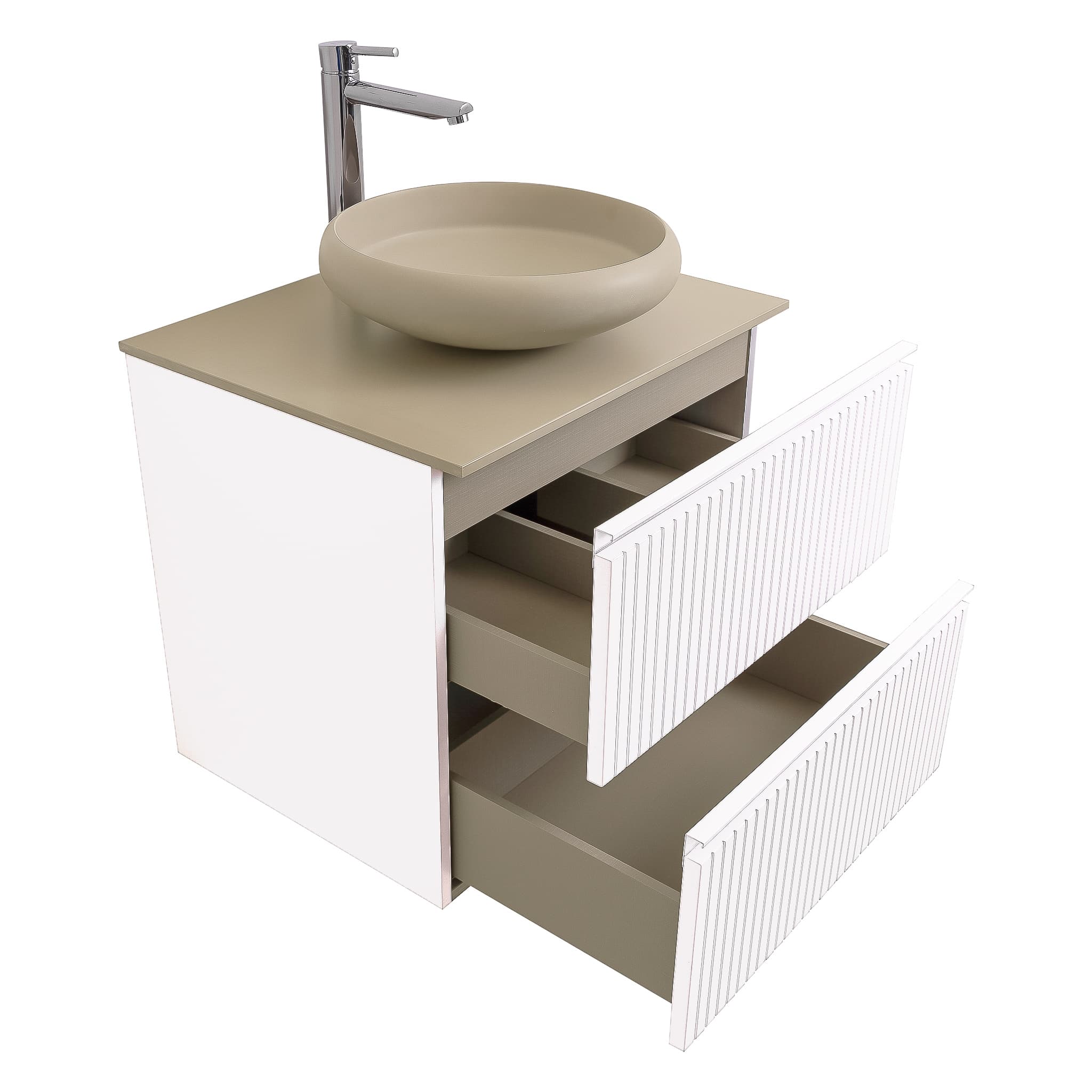 Ares 23.5 Matte White Cabinet, Solid Surface Flat Taupe Counter And Round Solid Surface Taupe Basin 1153, Wall Mounted Modern Vanity Set