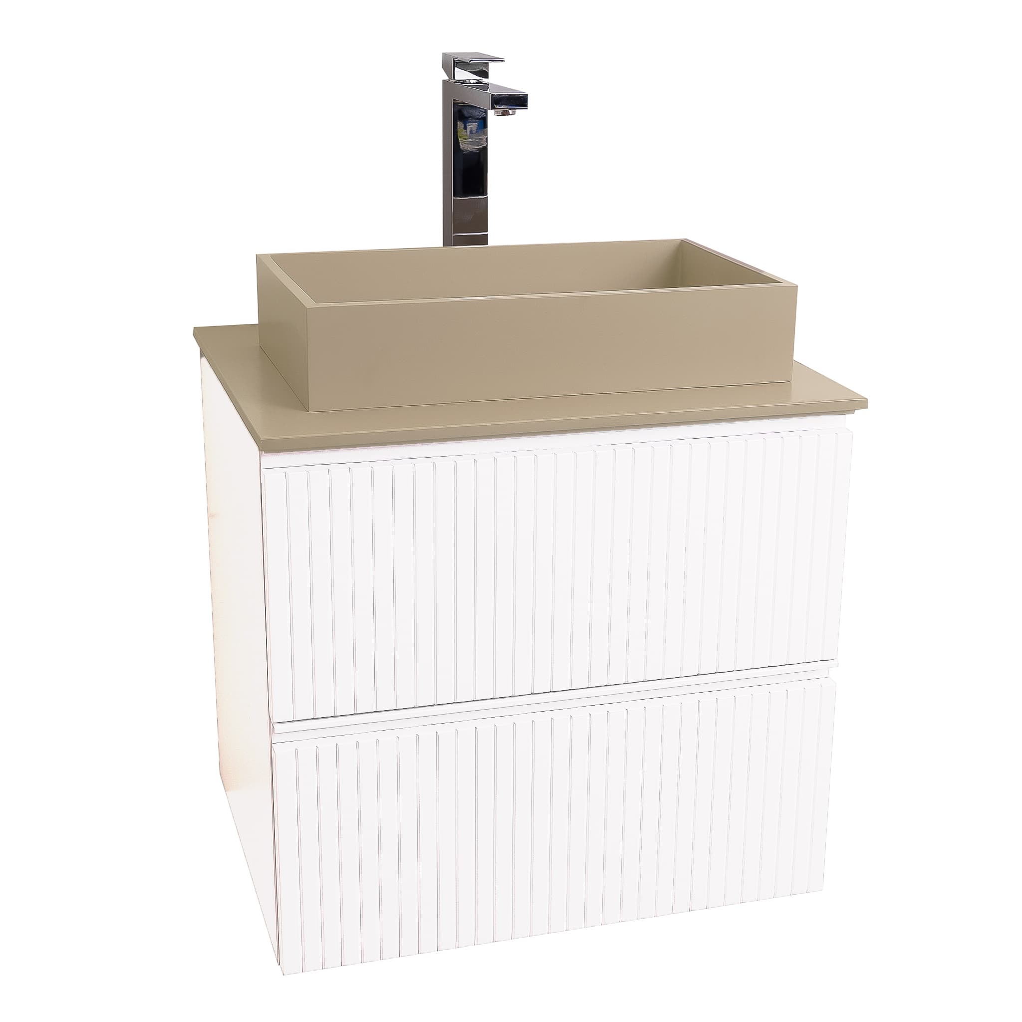 Ares 23.5 Matte White Cabinet, Solid Surface Flat Taupe Counter And Infinity Square Solid Surface Taupe Basin 1329, Wall Mounted Modern Vanity Set