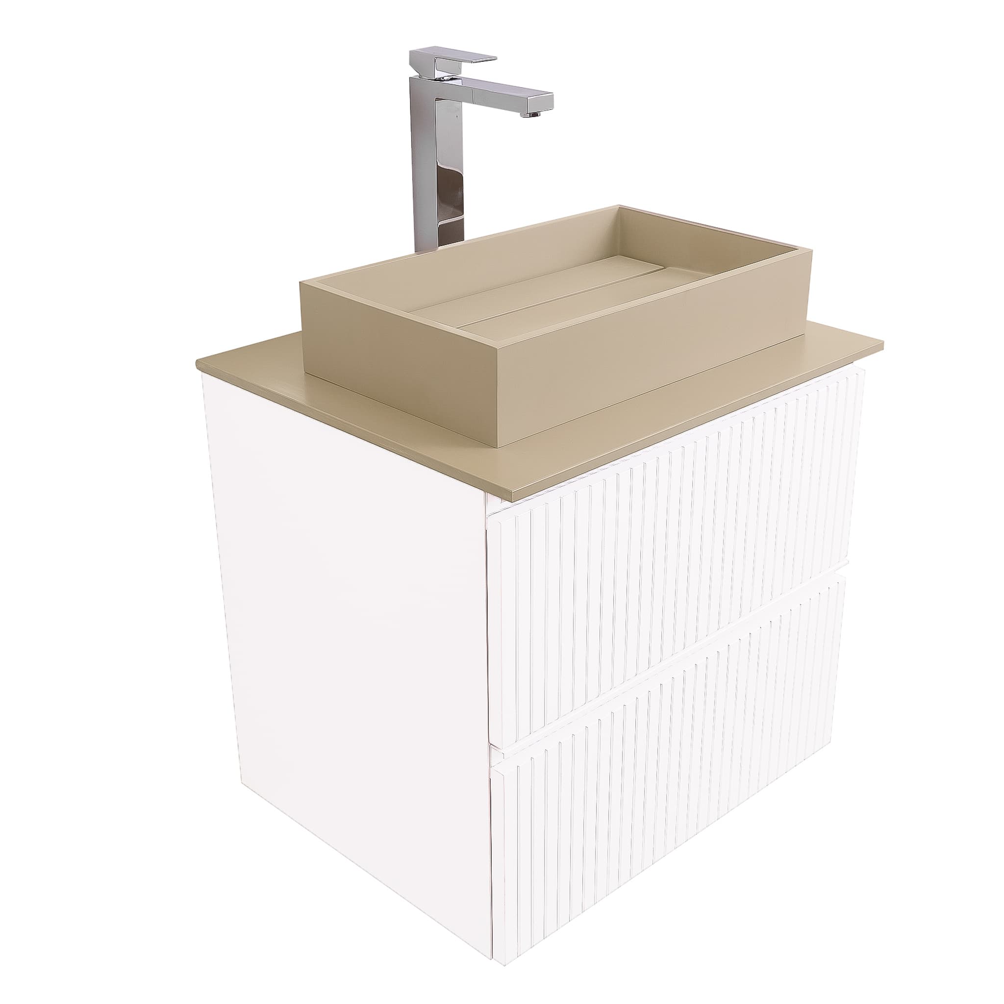 Ares 23.5 Matte White Cabinet, Solid Surface Flat Taupe Counter And Infinity Square Solid Surface Taupe Basin 1329, Wall Mounted Modern Vanity Set