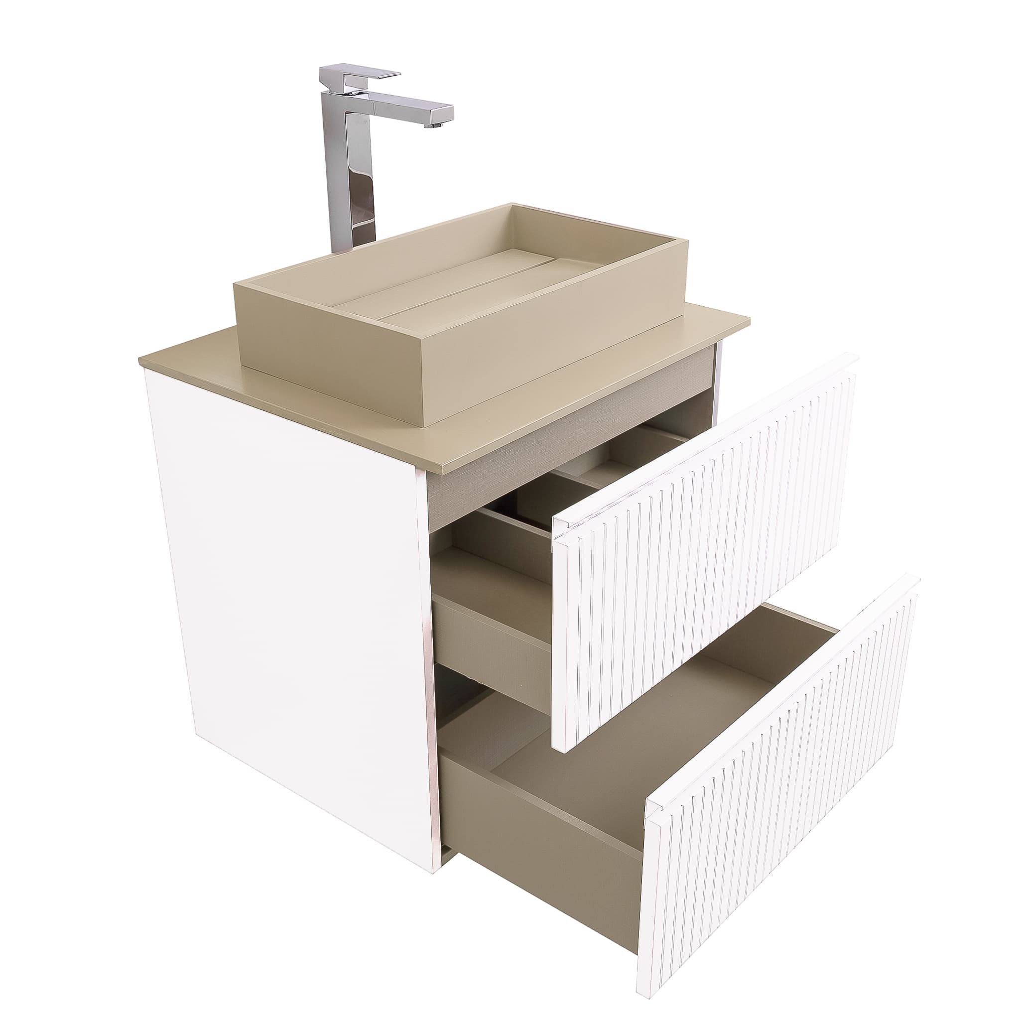 Ares 23.5 Matte White Cabinet, Solid Surface Flat Taupe Counter And Infinity Square Solid Surface Taupe Basin 1329, Wall Mounted Modern Vanity Set