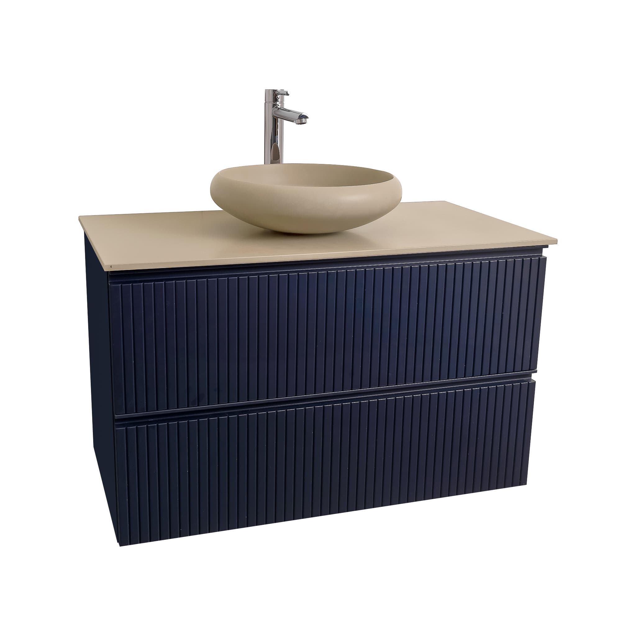 Ares 31.5 Matte Navy Blue Cabinet, Solid Surface Flat Taupe Counter And Round Solid Surface Taupe Basin 1153, Wall Mounted Modern Vanity Set