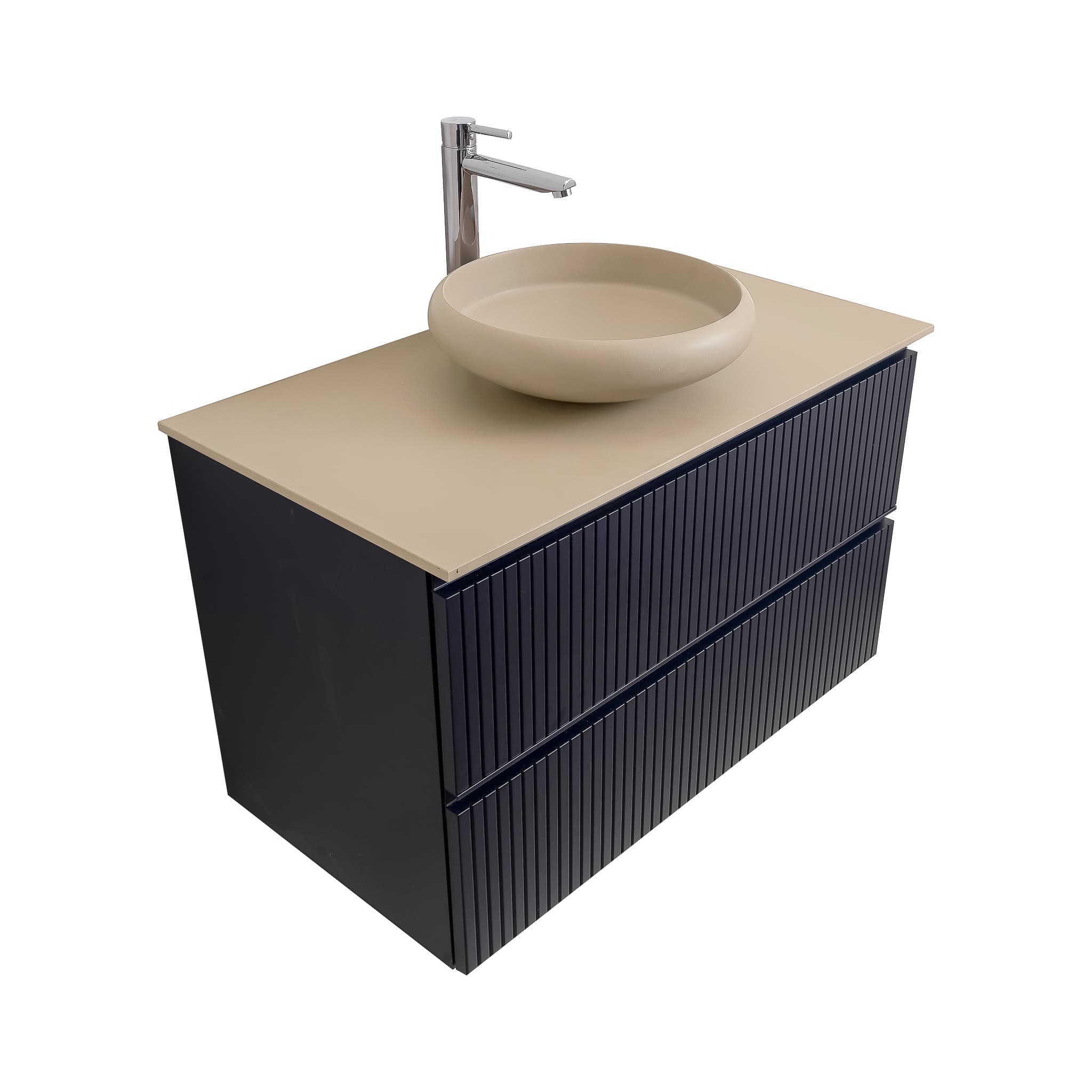 Ares 31.5 Matte Navy Blue Cabinet, Solid Surface Flat Taupe Counter And Round Solid Surface Taupe Basin 1153, Wall Mounted Modern Vanity Set