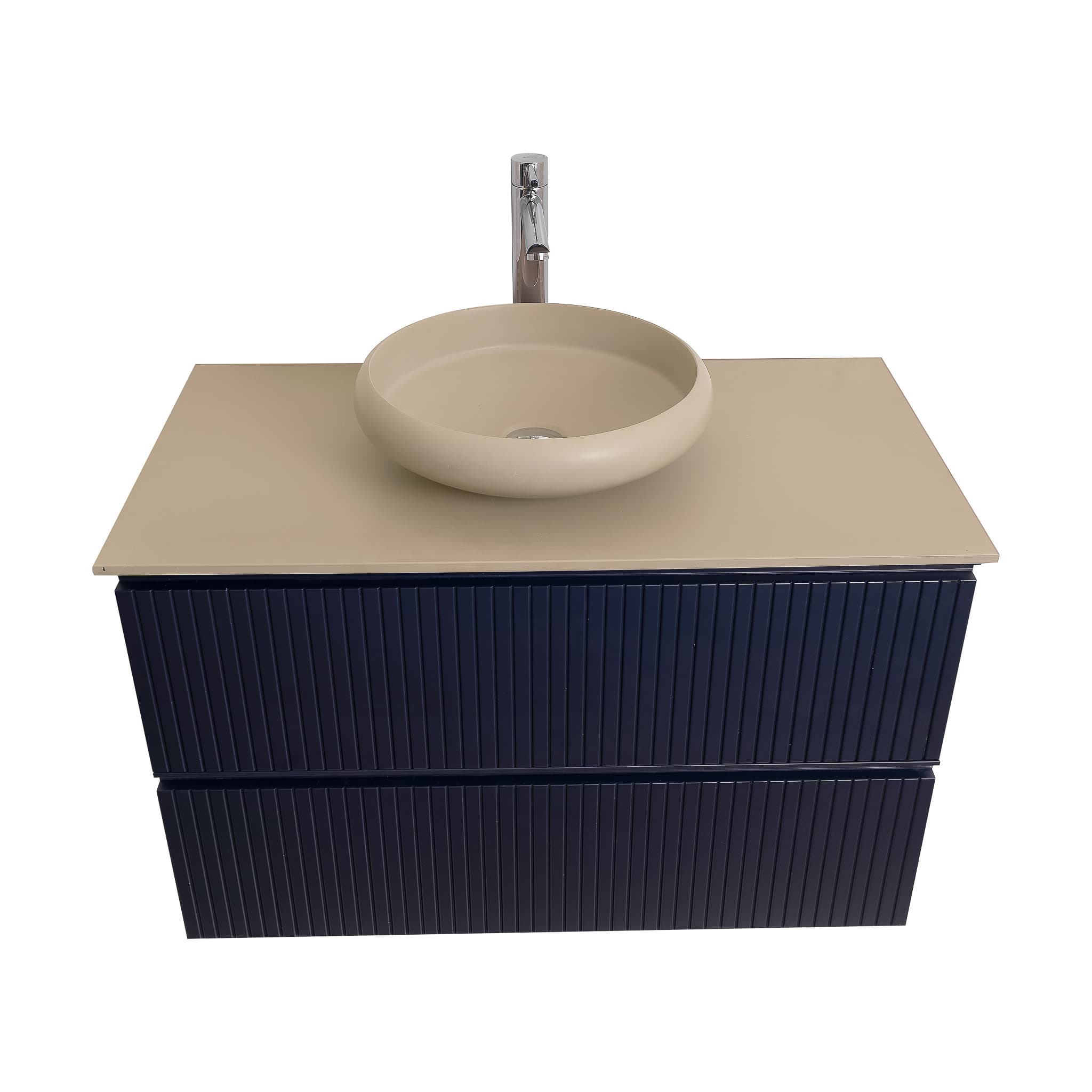 Ares 31.5 Matte Navy Blue Cabinet, Solid Surface Flat Taupe Counter And Round Solid Surface Taupe Basin 1153, Wall Mounted Modern Vanity Set