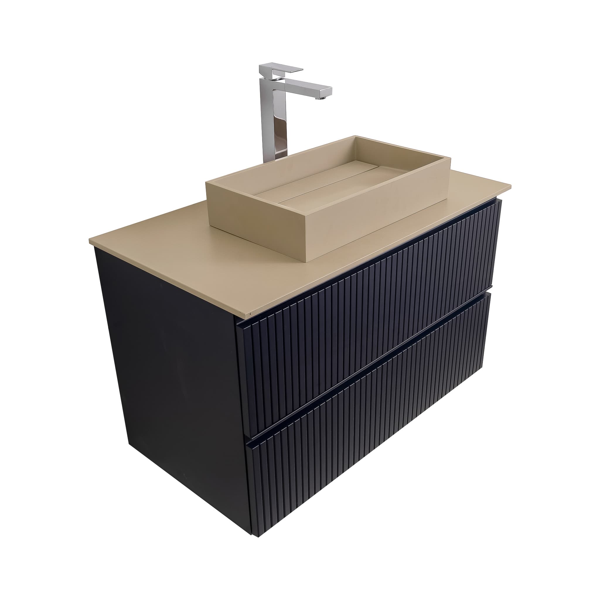 Ares 31.5 Matte Navy Blue Cabinet, Solid Surface Flat Taupe Counter And Infinity Square Solid Surface Taupe Basin 1329, Wall Mounted Modern Vanity Set