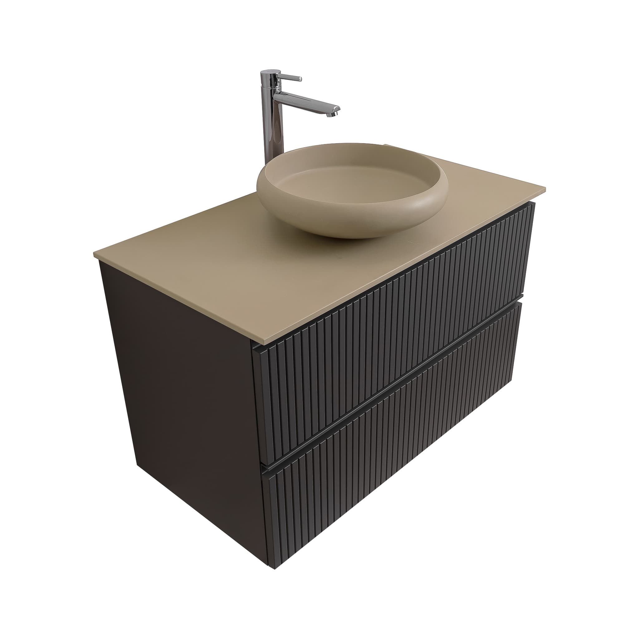 Ares 31.5 Matte Grey Cabinet, Solid Surface Flat Taupe Counter And Round Solid Surface Taupe Basin 1153, Wall Mounted Modern Vanity Set