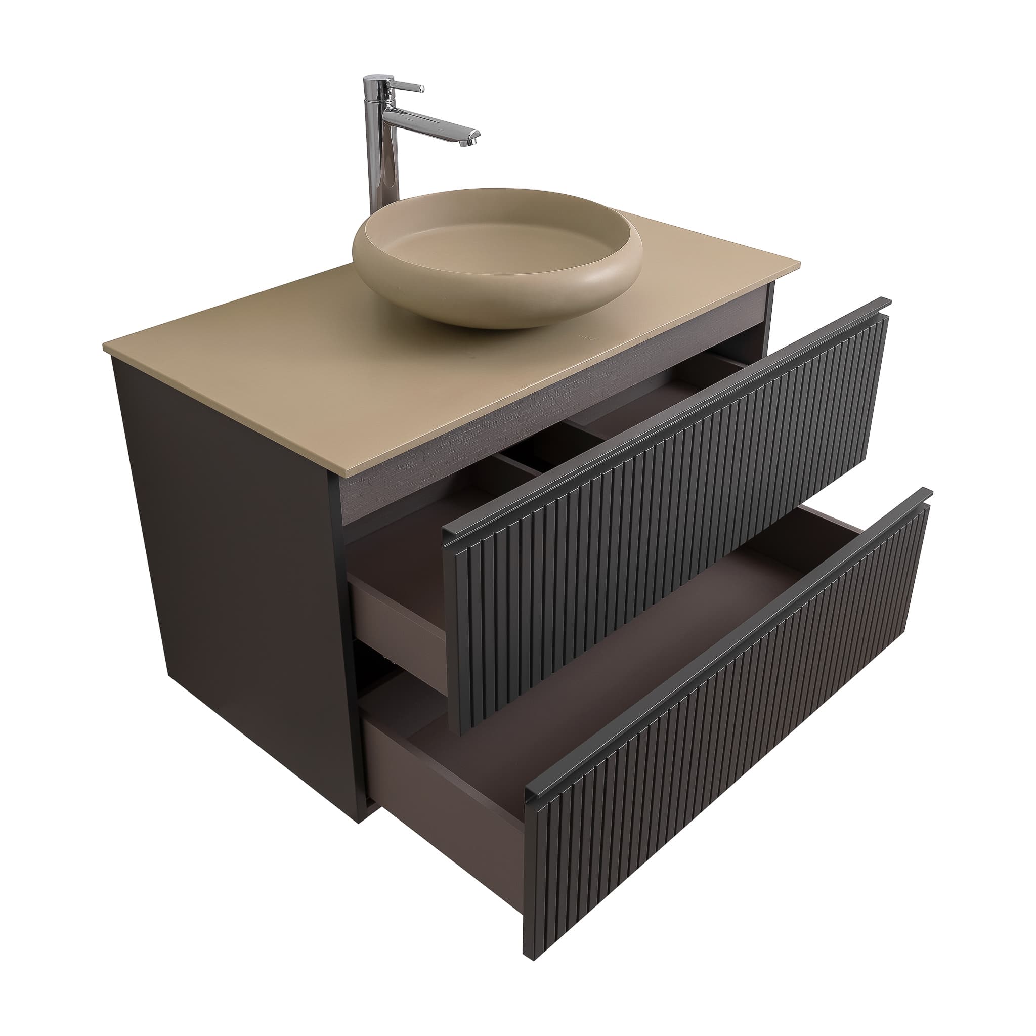 Ares 31.5 Matte Grey Cabinet, Solid Surface Flat Taupe Counter And Round Solid Surface Taupe Basin 1153, Wall Mounted Modern Vanity Set