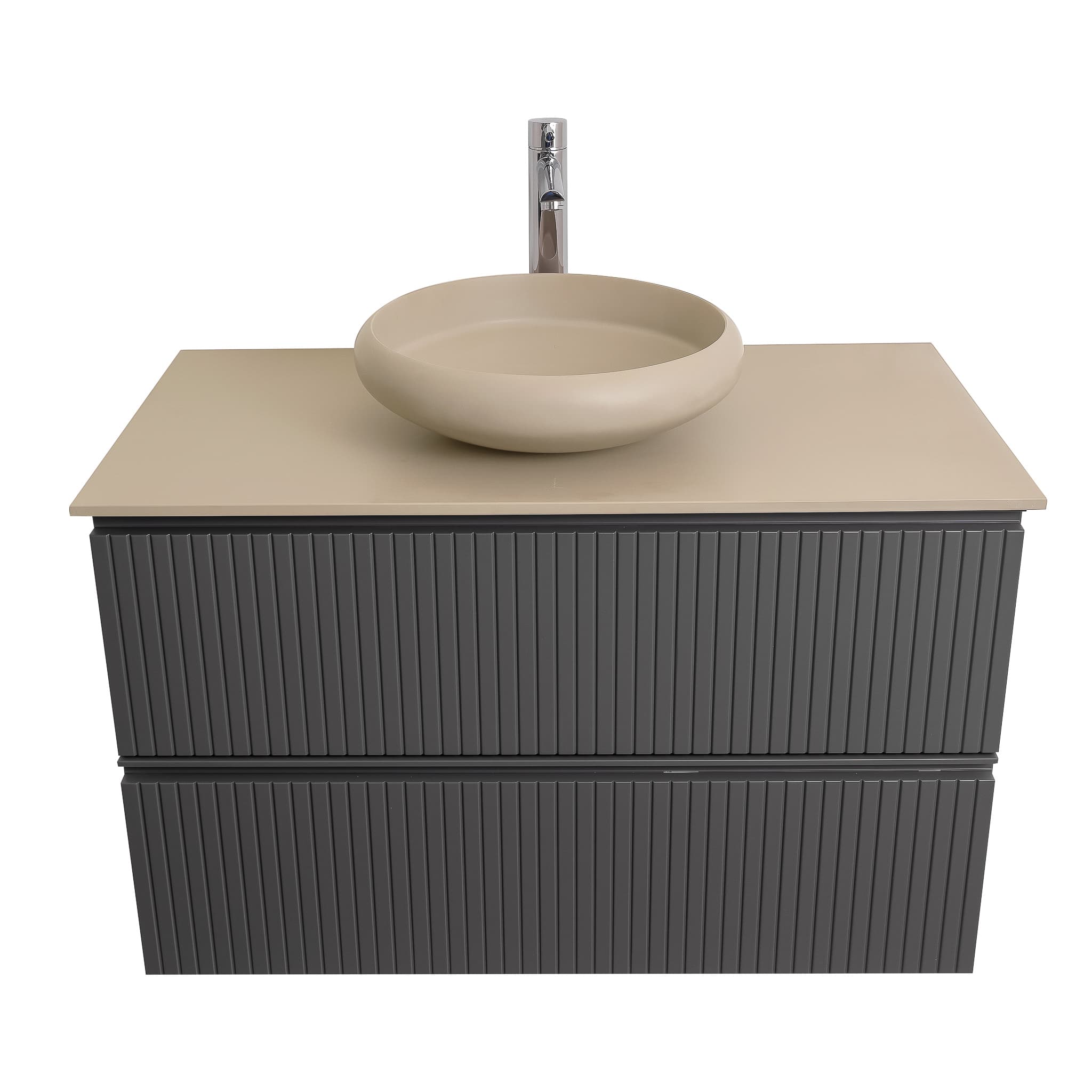 Ares 31.5 Matte Grey Cabinet, Solid Surface Flat Taupe Counter And Round Solid Surface Taupe Basin 1153, Wall Mounted Modern Vanity Set