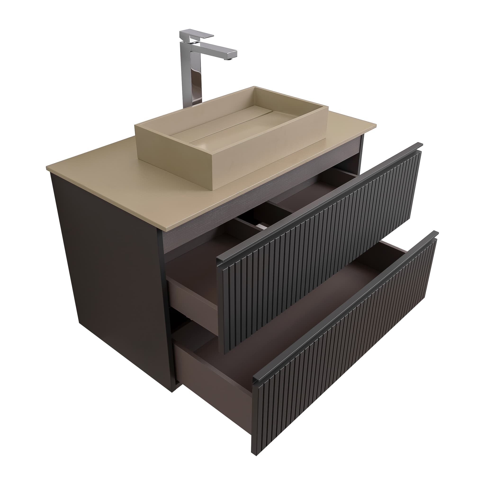 Ares 31.5 Matte Grey Cabinet, Solid Surface Flat Taupe Counter And Infinity Square Solid Surface Taupe Basin 1329, Wall Mounted Modern Vanity Set