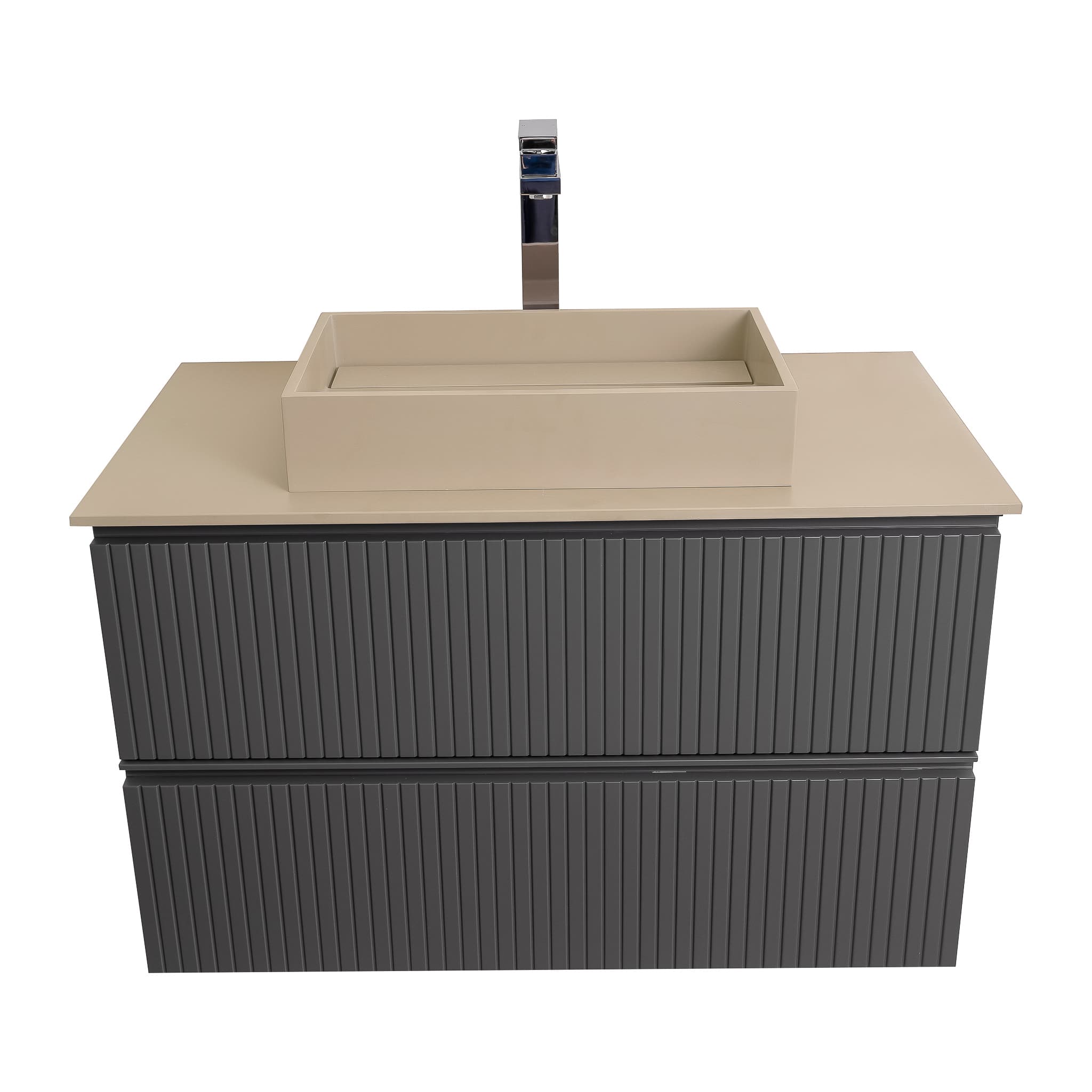 Ares 31.5 Matte Grey Cabinet, Solid Surface Flat Taupe Counter And Infinity Square Solid Surface Taupe Basin 1329, Wall Mounted Modern Vanity Set