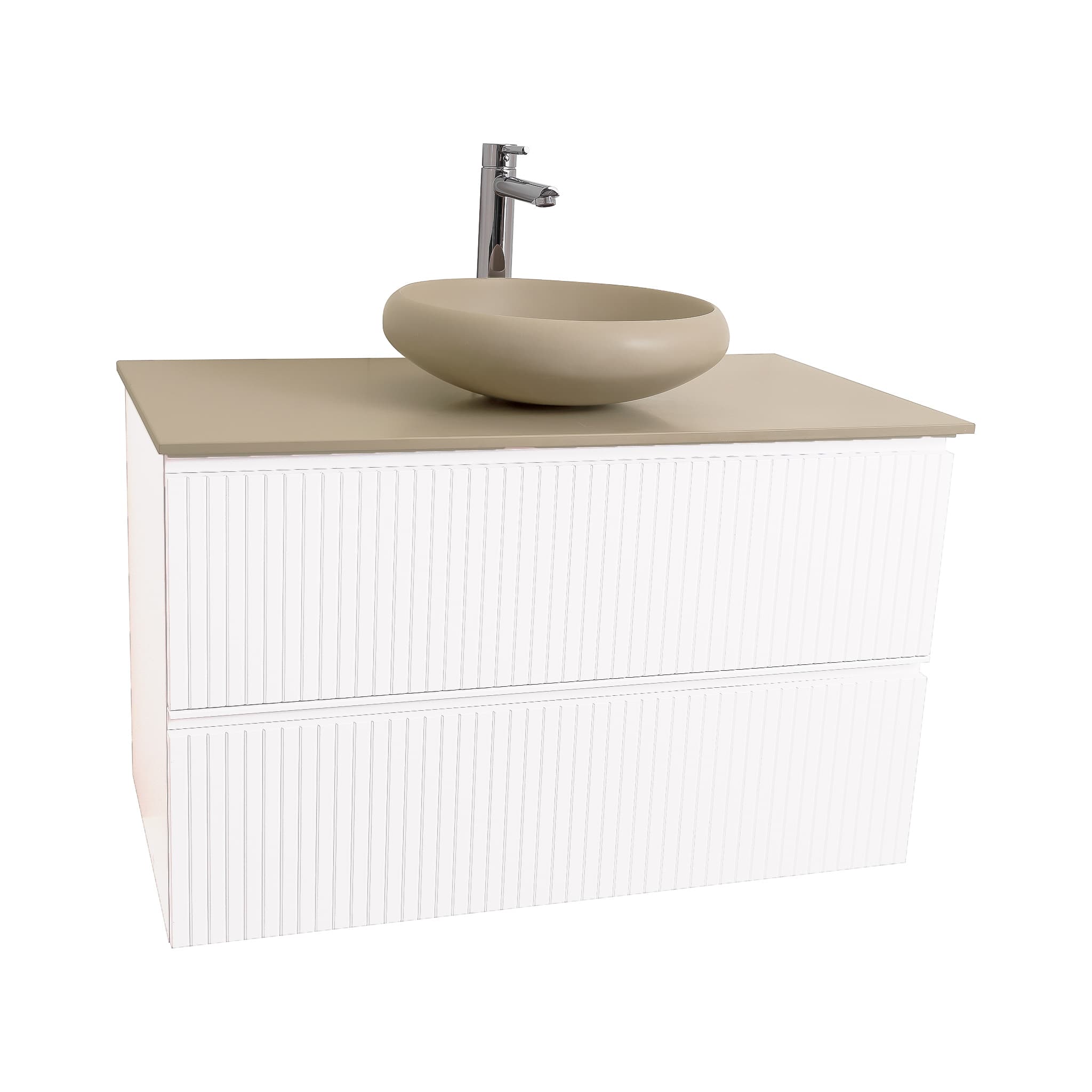 Ares 31.5 Matte White Cabinet, Solid Surface Flat Taupe Counter And Round Solid Surface Taupe Basin 1153, Wall Mounted Modern Vanity Set