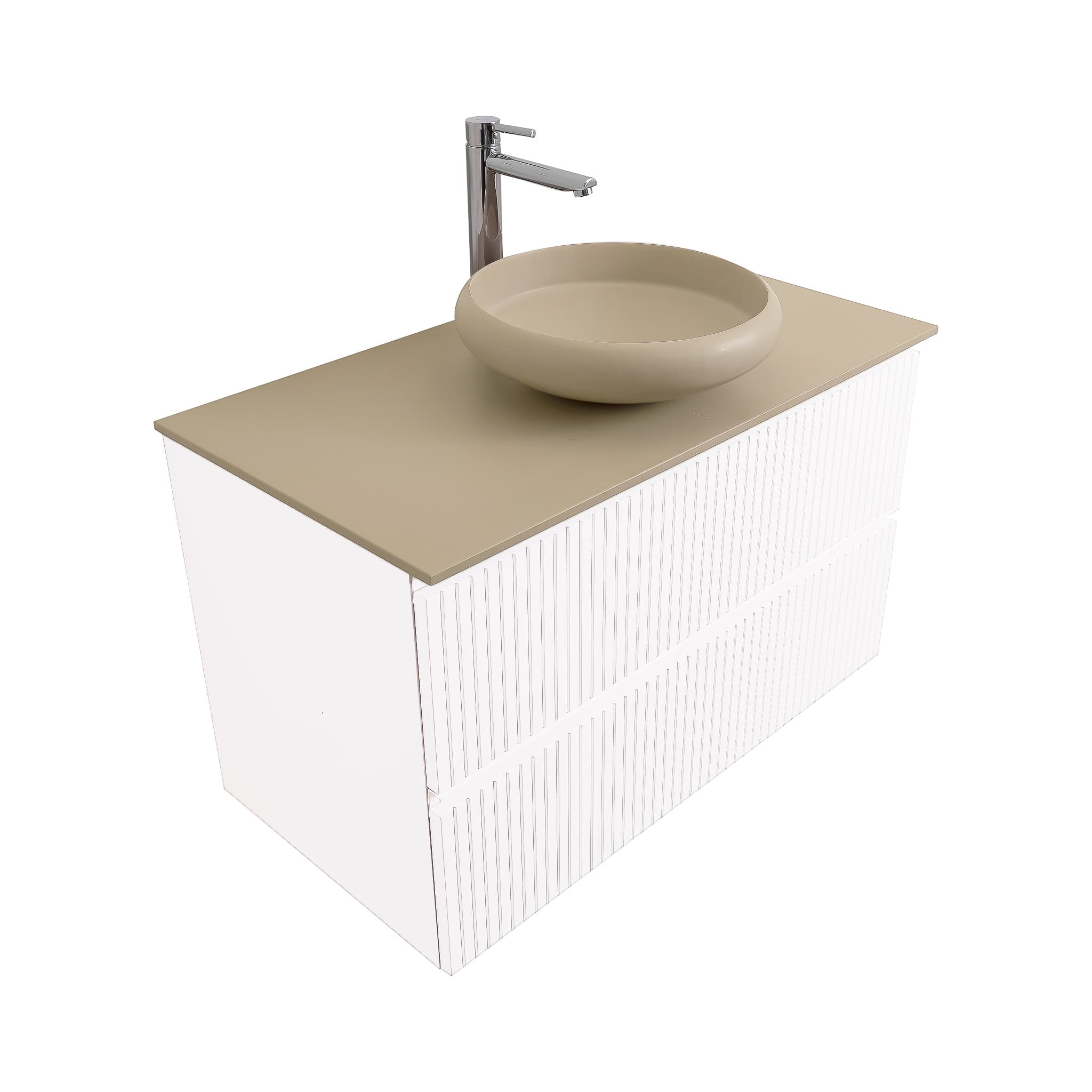 Ares 31.5 Matte White Cabinet, Solid Surface Flat Taupe Counter And Round Solid Surface Taupe Basin 1153, Wall Mounted Modern Vanity Set