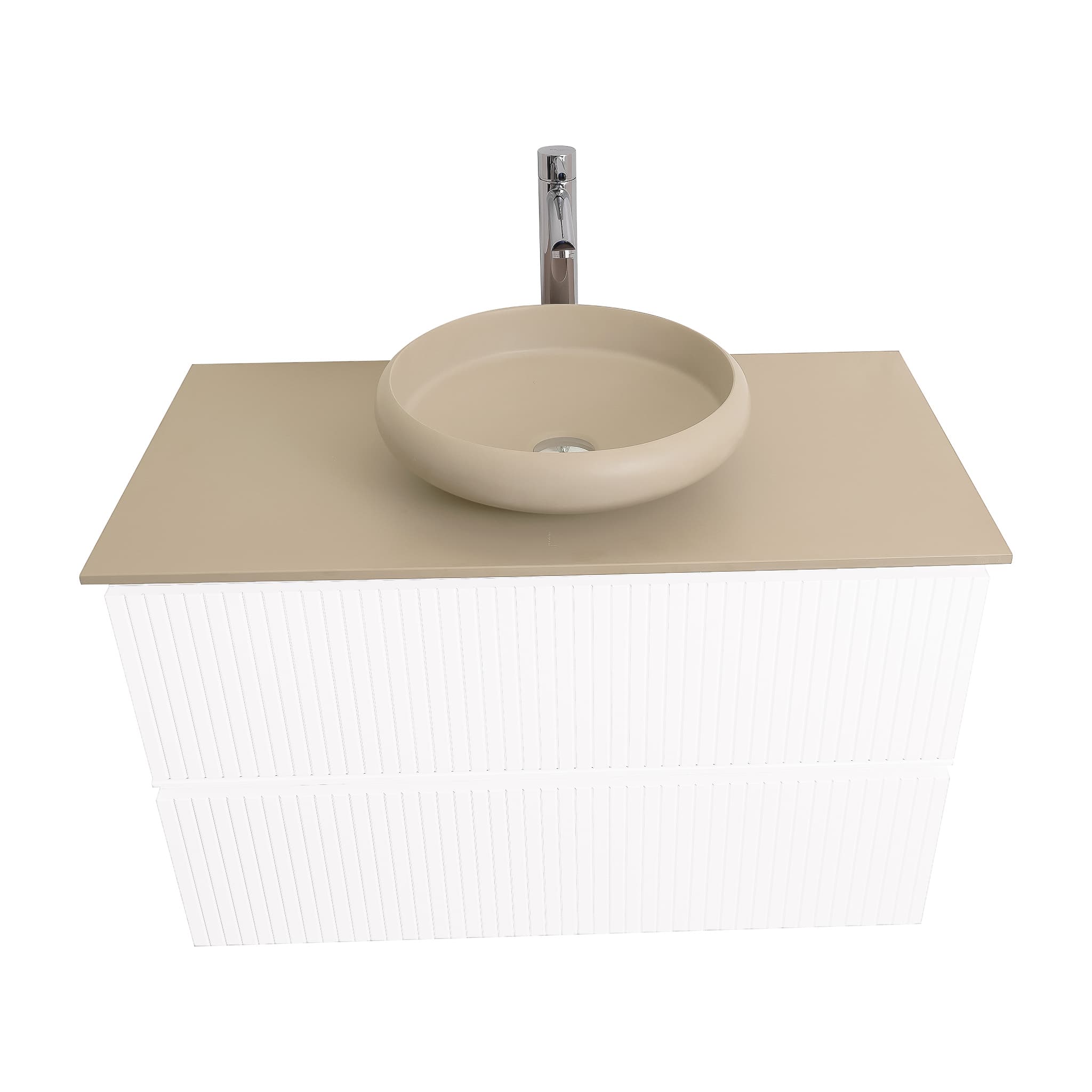 Ares 31.5 Matte White Cabinet, Solid Surface Flat Taupe Counter And Round Solid Surface Taupe Basin 1153, Wall Mounted Modern Vanity Set