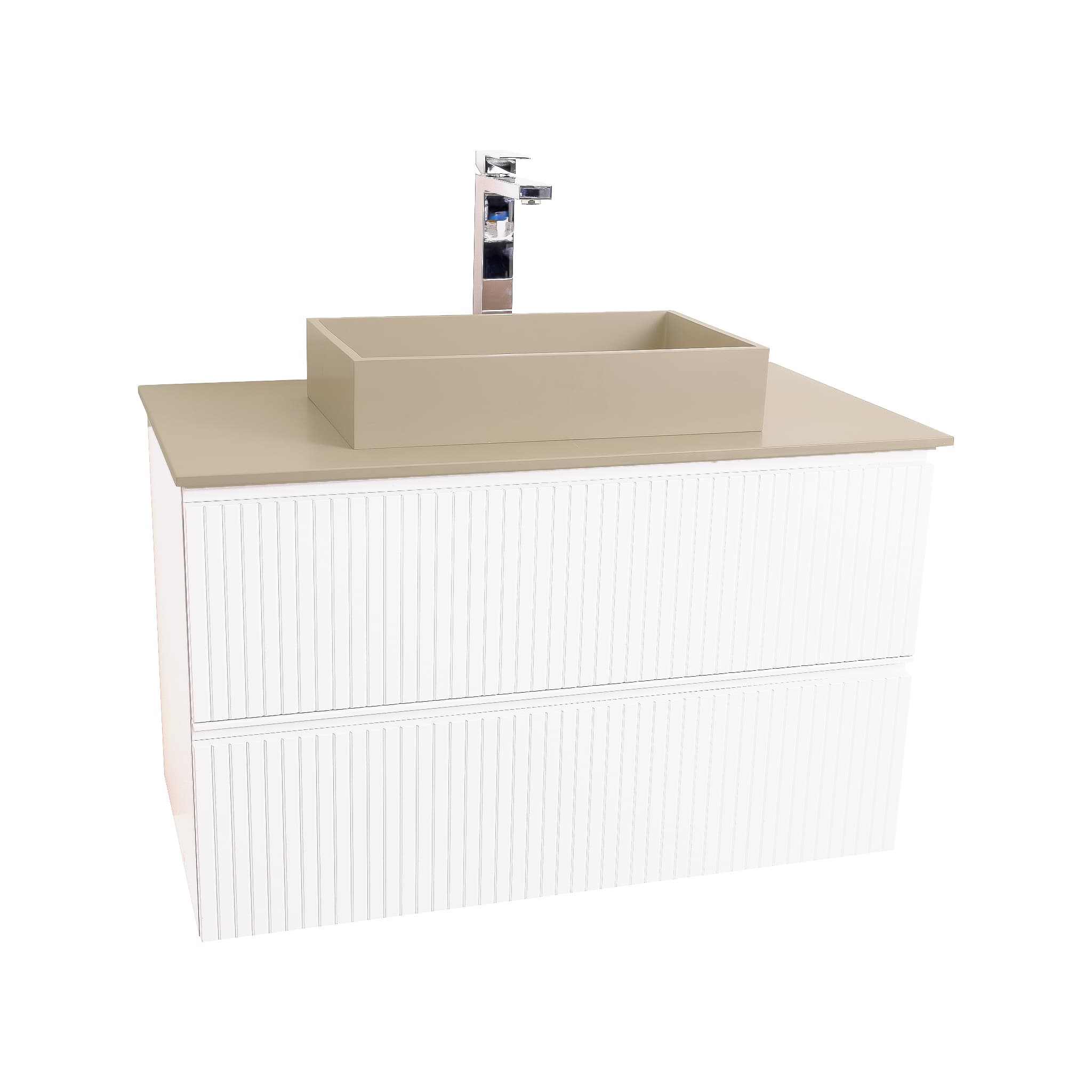 Ares 31.5 Matte White Cabinet, Solid Surface Flat Taupe Counter And Infinity Square Solid Surface Taupe Basin 1329, Wall Mounted Modern Vanity Set