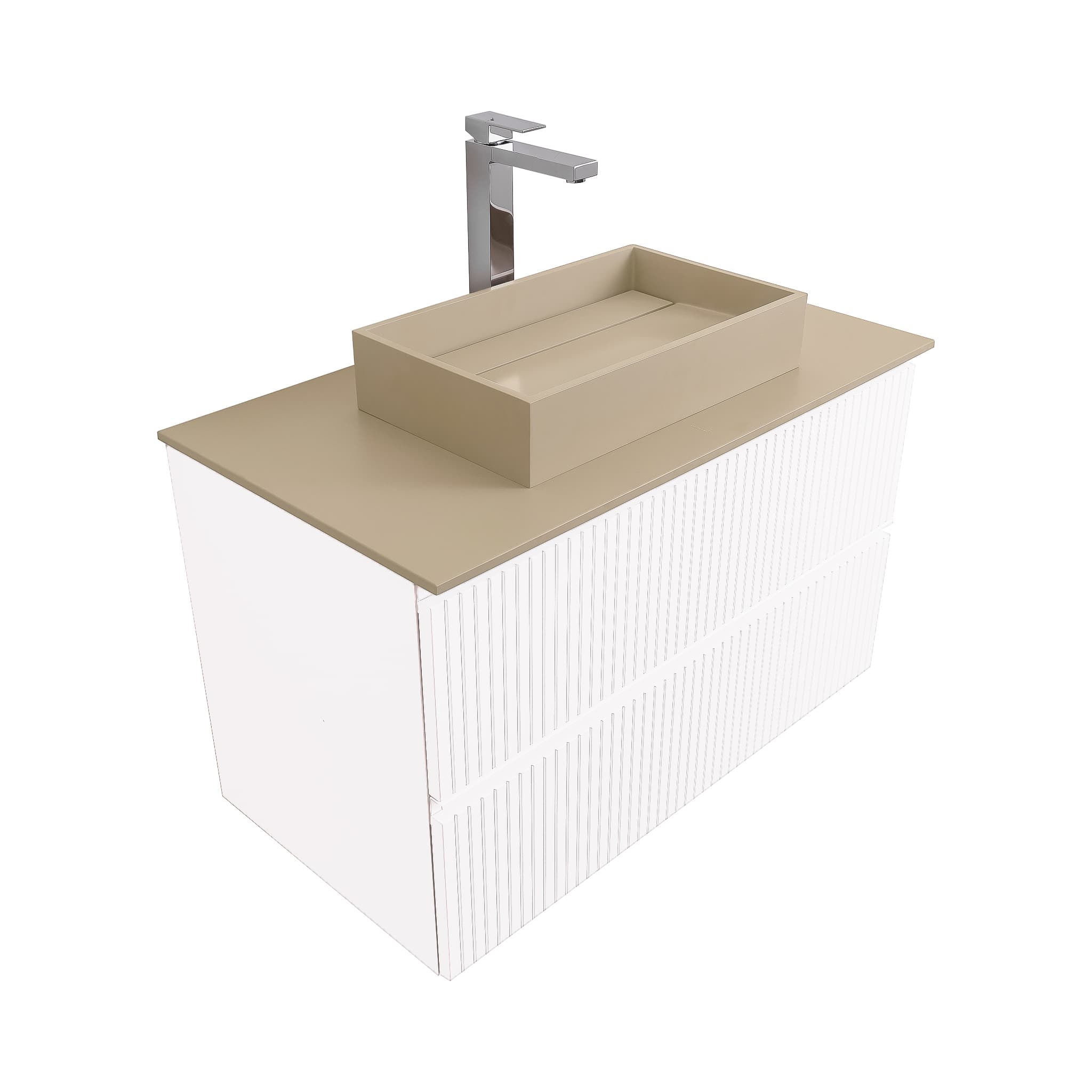 Ares 31.5 Matte White Cabinet, Solid Surface Flat Taupe Counter And Infinity Square Solid Surface Taupe Basin 1329, Wall Mounted Modern Vanity Set