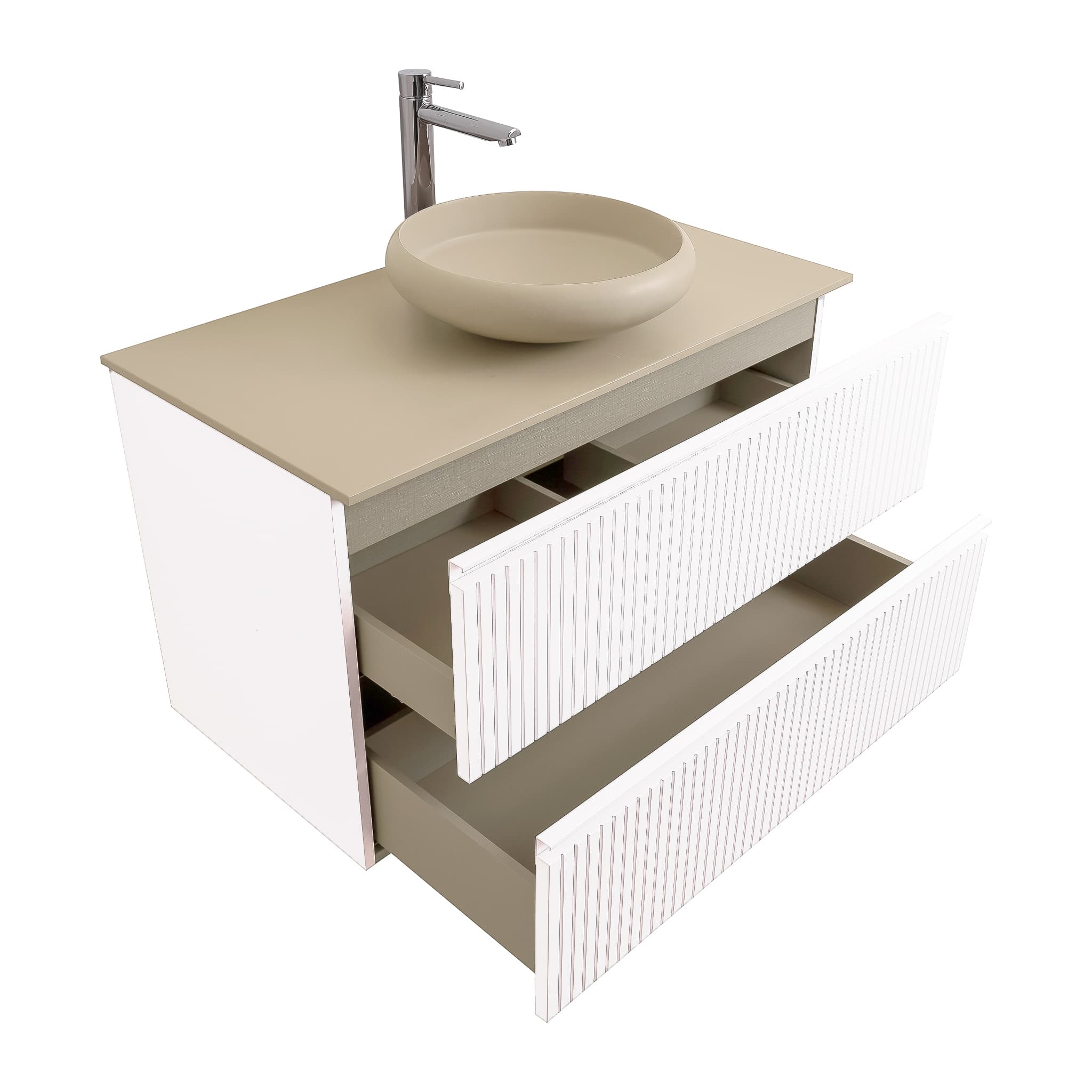 Ares 35.5 Matte White Cabinet, Solid Surface Flat Taupe Counter And Round Solid Surface Taupe Basin 1153, Wall Mounted Modern Vanity Set