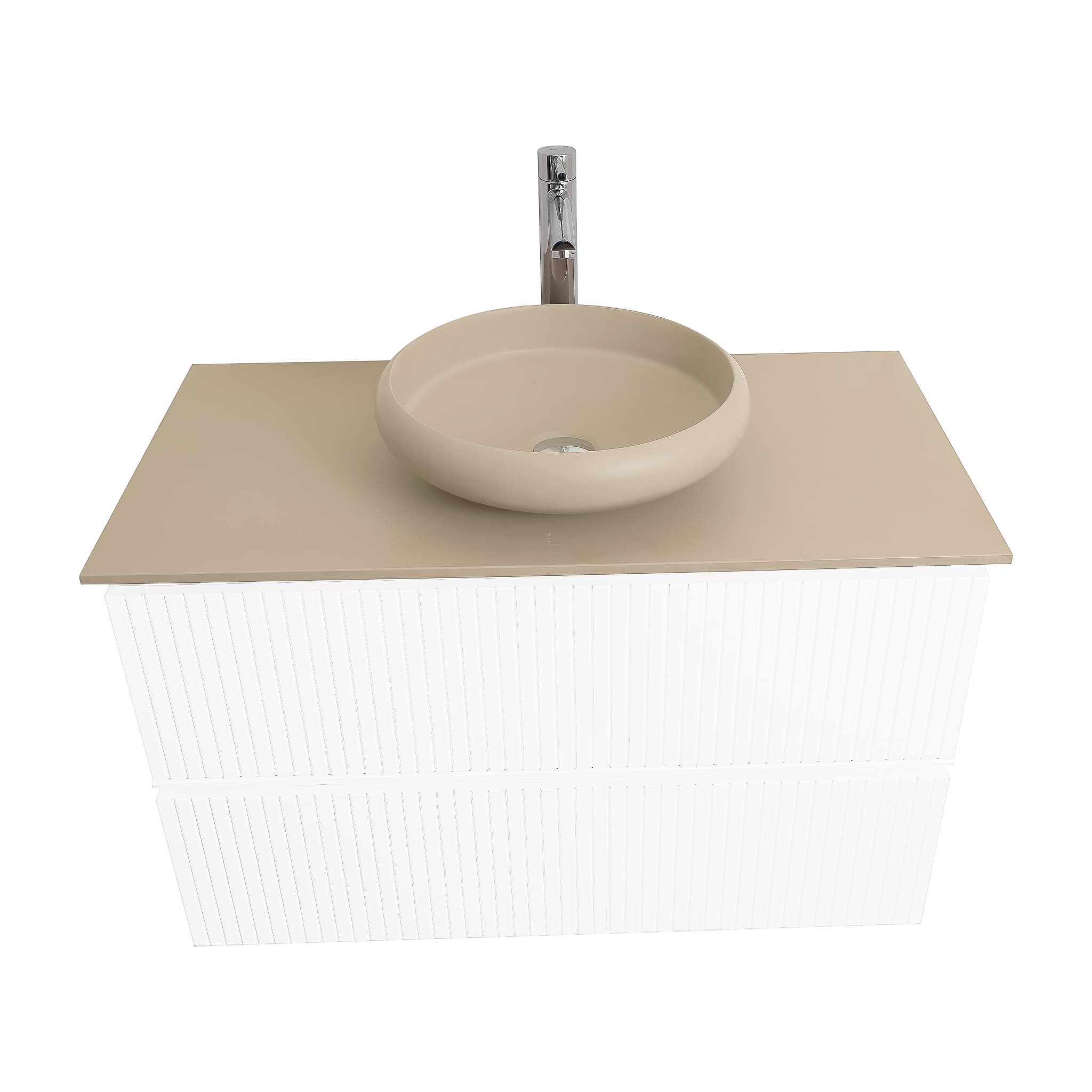 Ares 35.5 Matte White Cabinet, Solid Surface Flat Taupe Counter And Round Solid Surface Taupe Basin 1153, Wall Mounted Modern Vanity Set