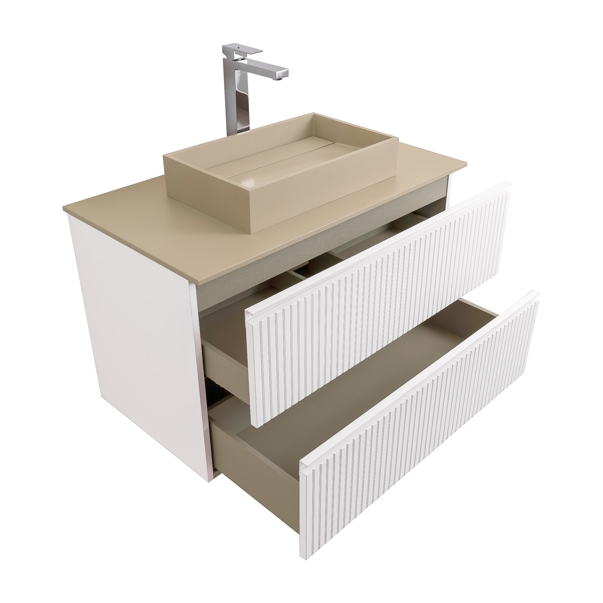 Ares 35.5 Matte White Cabinet, Solid Surface Flat Taupe Counter And Infinity Square Solid Surface Taupe Basin 1329, Wall Mounted Modern Vanity Set