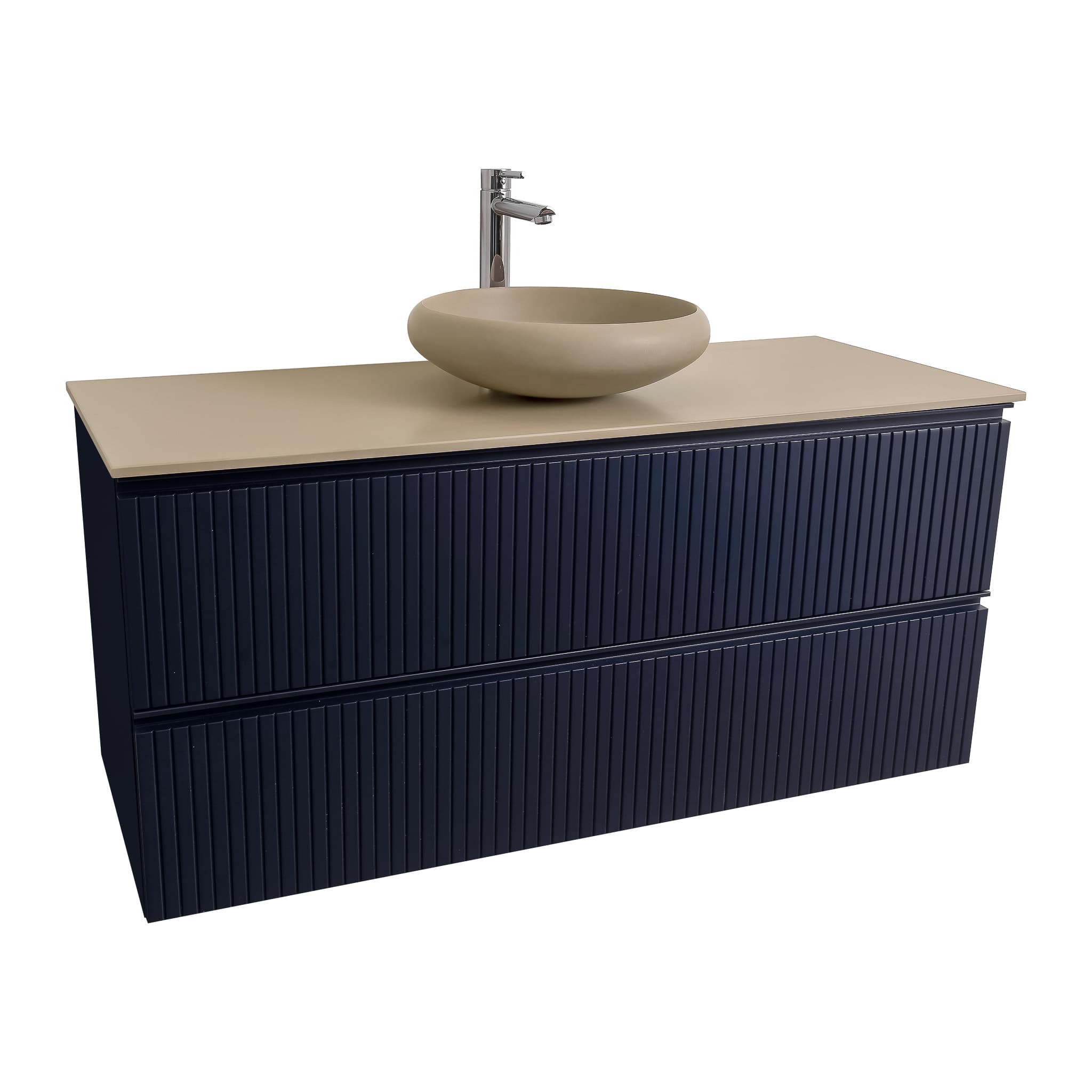 Ares 47.5 Matte Navy Blue Cabinet, Solid Surface Flat Taupe Counter And Round Solid Surface Taupe Basin 1153, Wall Mounted Modern Vanity Set