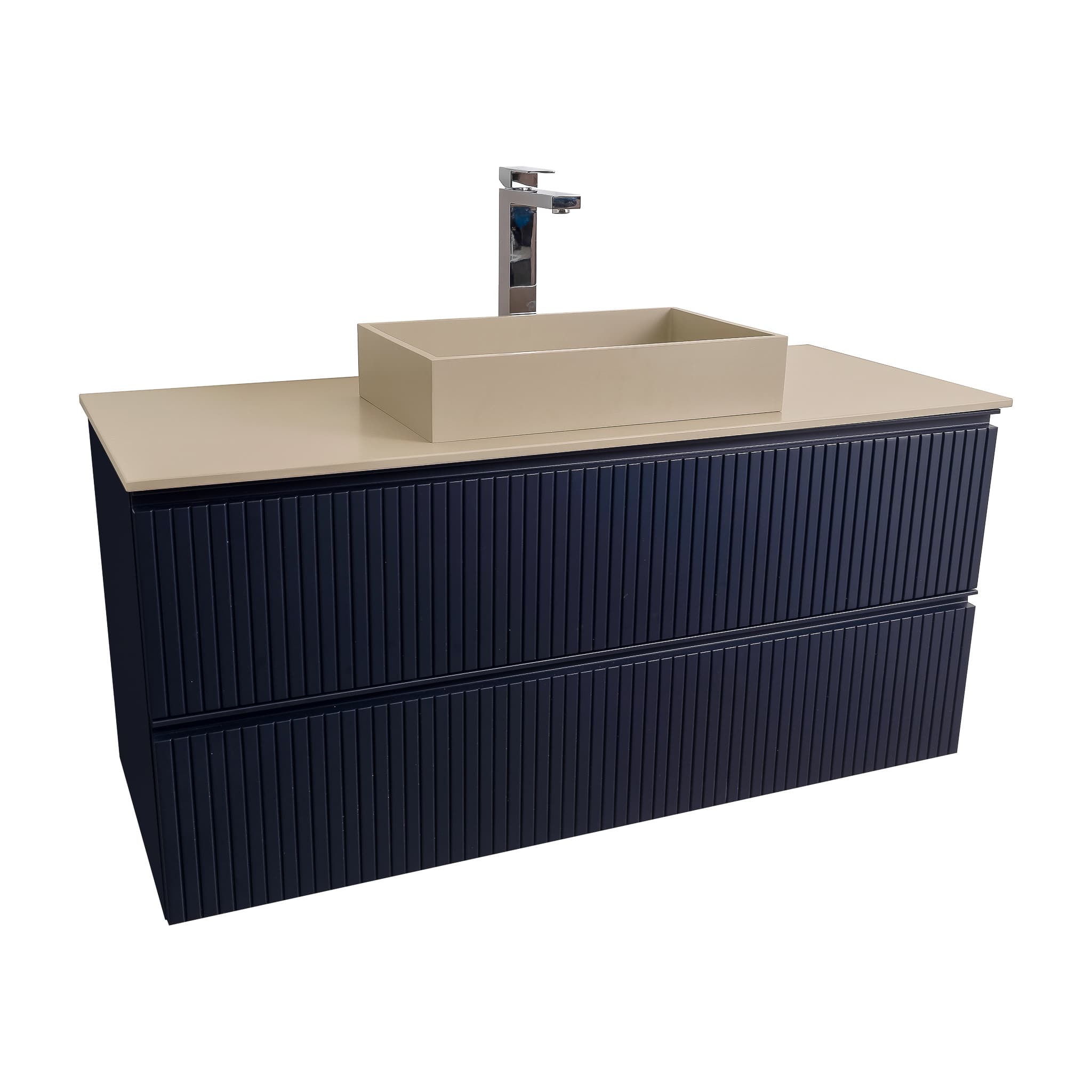 Ares 47.5 Matte Navy Blue Cabinet, Solid Surface Flat Taupe Counter And Infinity Square Solid Surface Taupe Basin 1329, Wall Mounted Modern Vanity Set