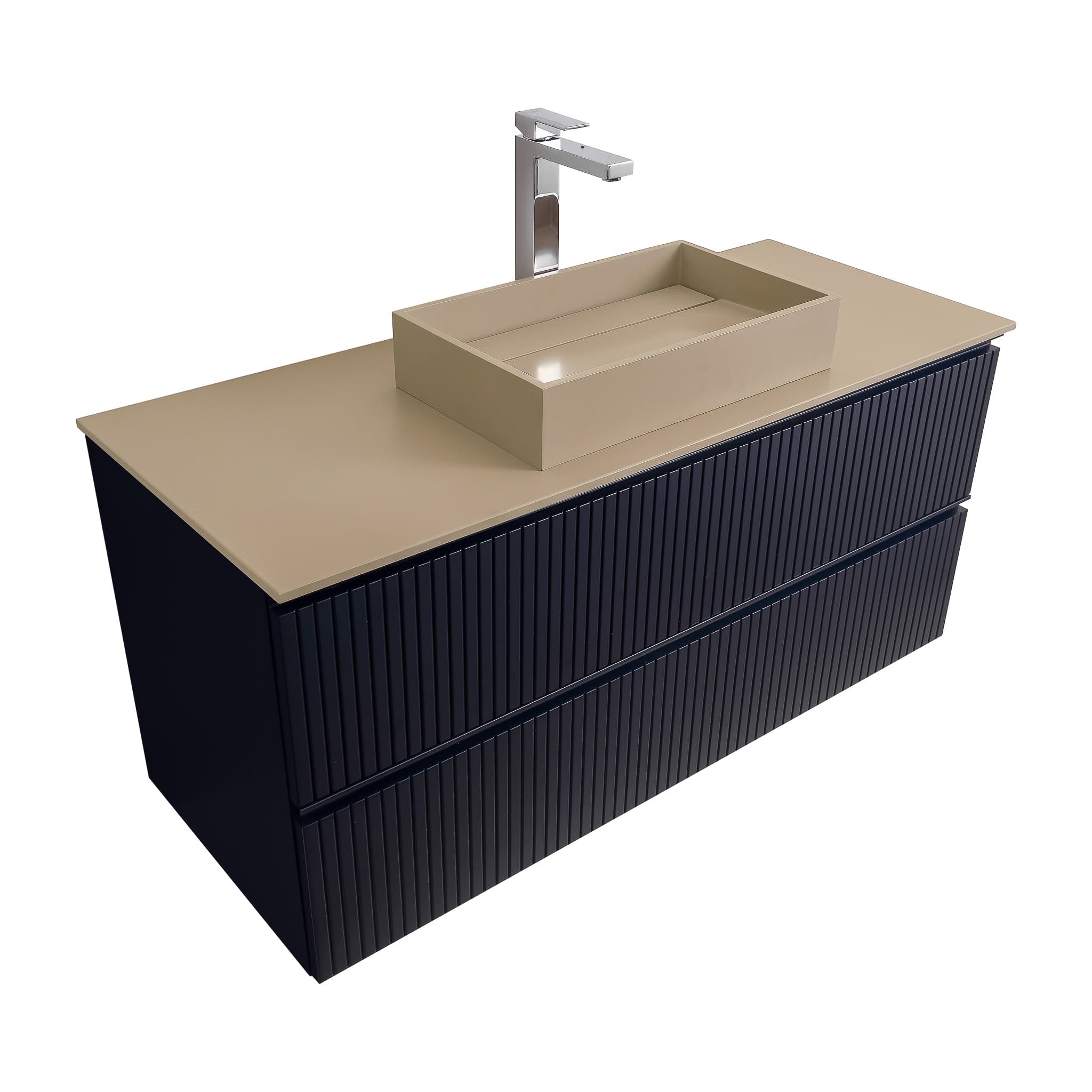 Ares 47.5 Matte Navy Blue Cabinet, Solid Surface Flat Taupe Counter And Infinity Square Solid Surface Taupe Basin 1329, Wall Mounted Modern Vanity Set