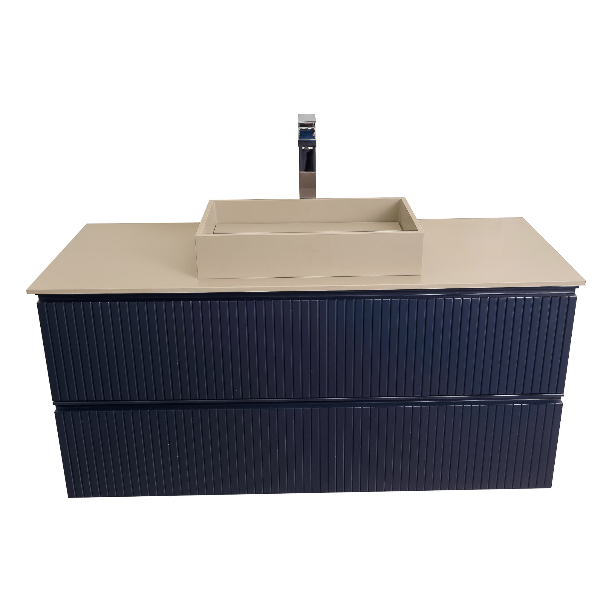 Ares 47.5 Matte Navy Blue Cabinet, Solid Surface Flat Taupe Counter And Infinity Square Solid Surface Taupe Basin 1329, Wall Mounted Modern Vanity Set