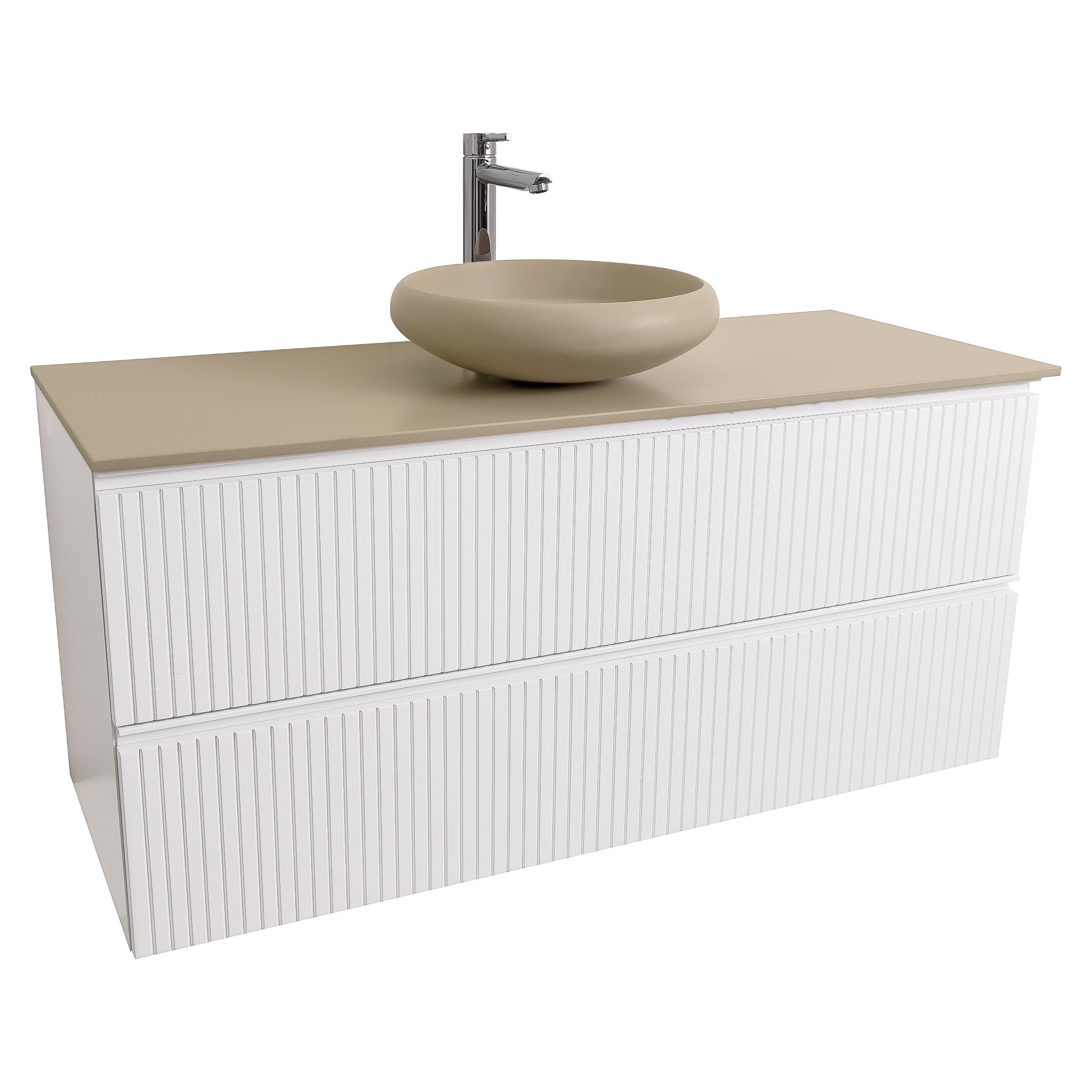 Ares 47.5 Matte White Cabinet, Solid Surface Flat Taupe Counter And Round Solid Surface Taupe Basin 1153, Wall Mounted Modern Vanity Set