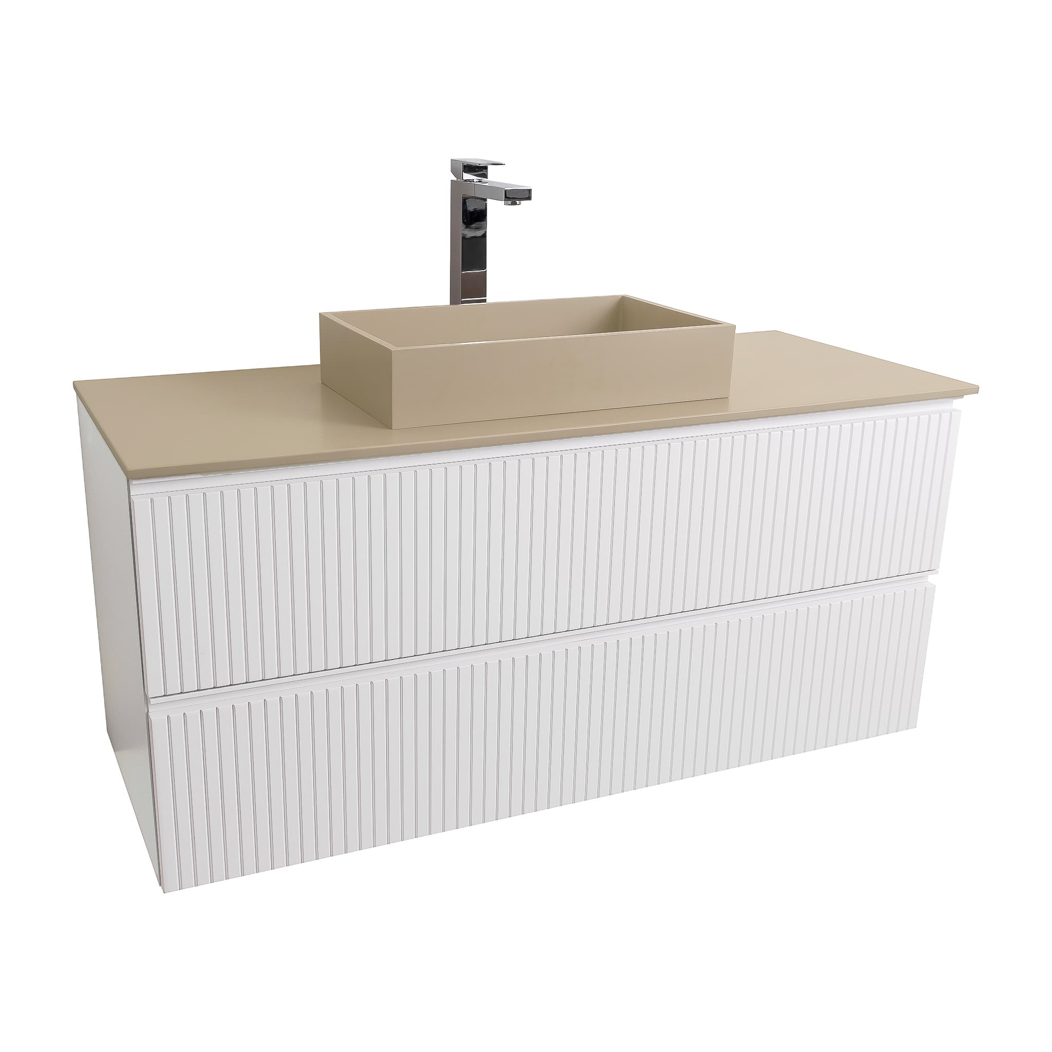 Ares 47.5 Matte White Cabinet, Solid Surface Flat Taupe Counter And Infinity Square Solid Surface Taupe Basin 1329, Wall Mounted Modern Vanity Set